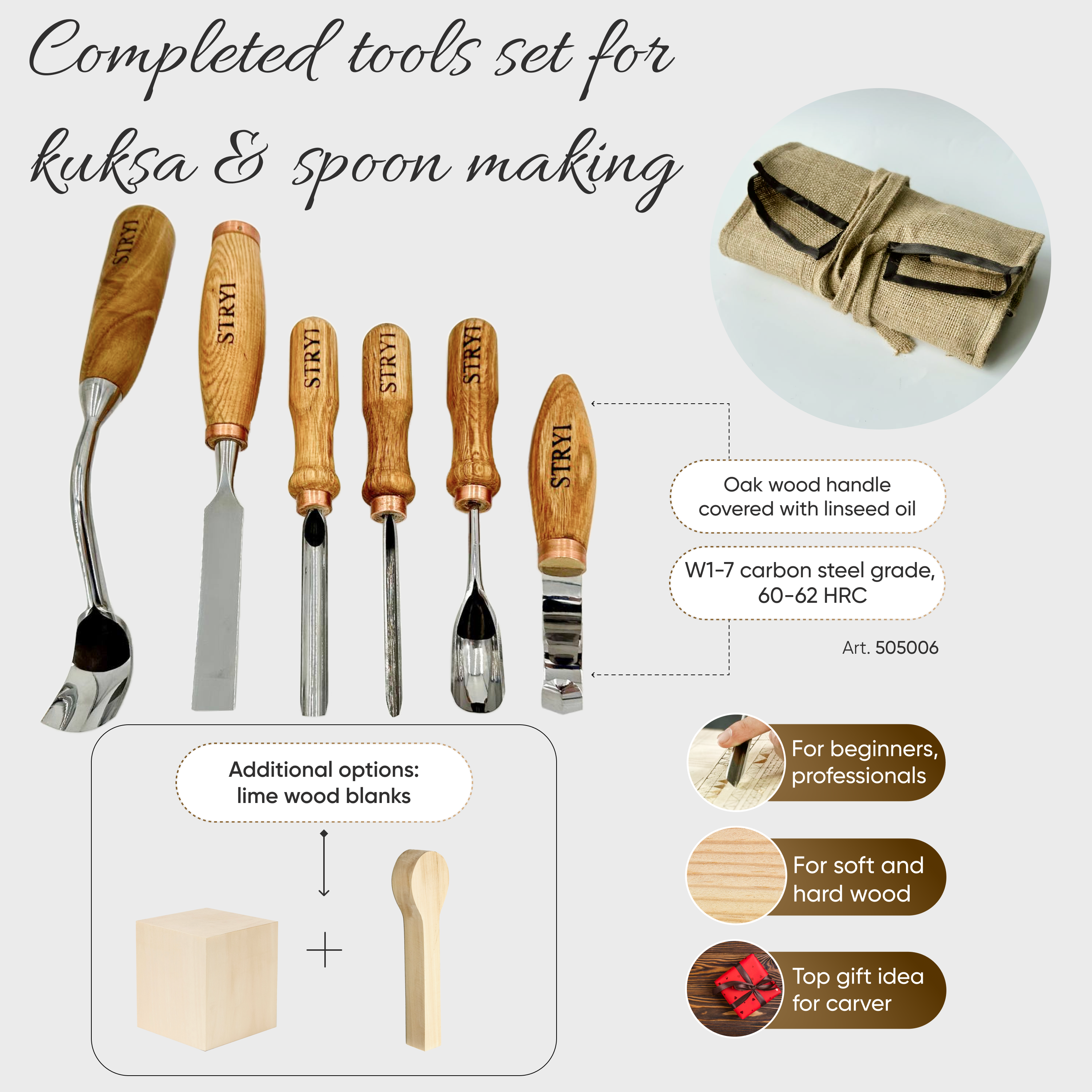 Completed toolset STRYI Profi for spoon and kuksa carving, Forged tools