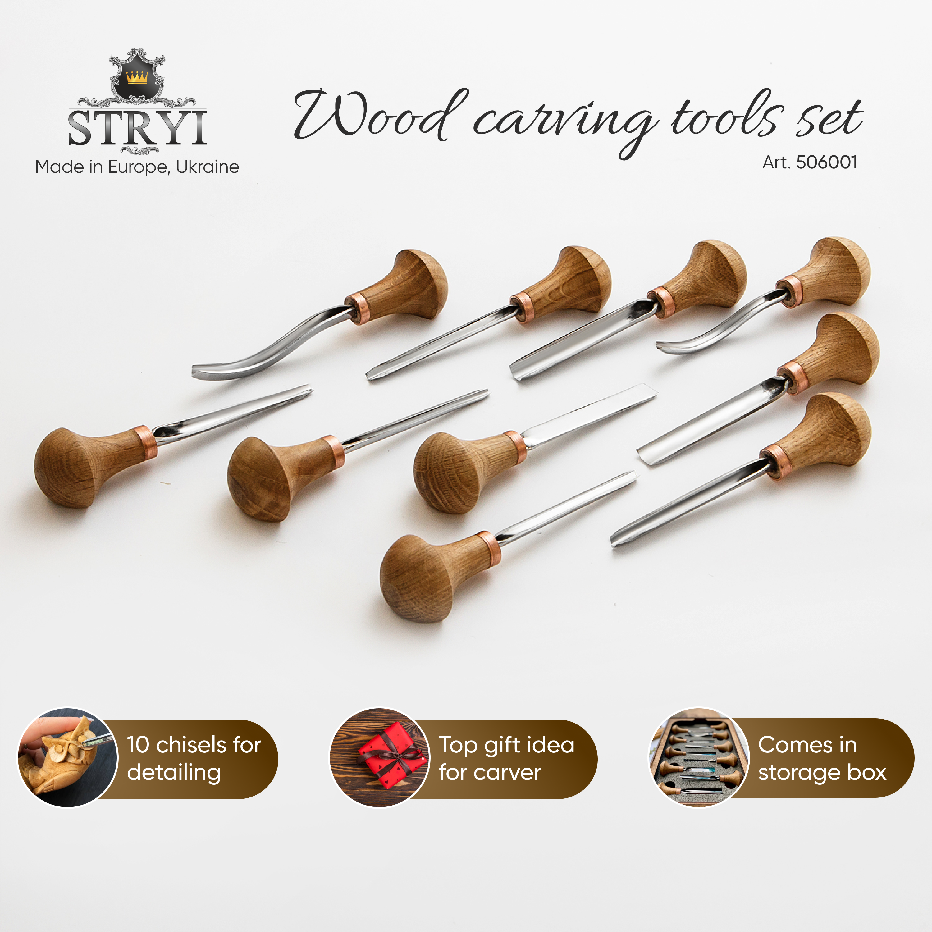 Palm carving tools set of 10 pcs, Gravers and burins STRYI Profi, Gift ready