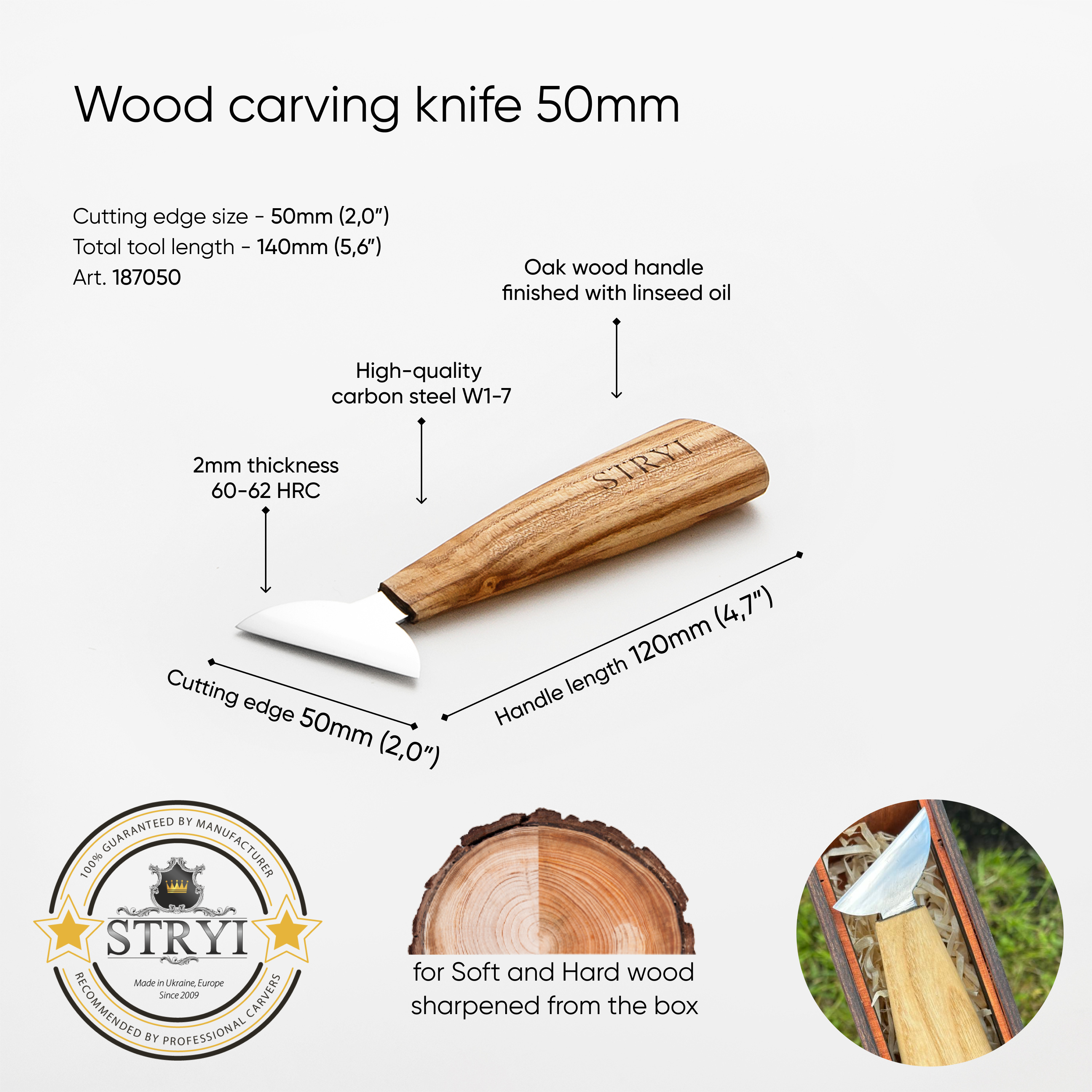 Knife for woodcarving STRYI Profi 50mm, Chip carving knife
