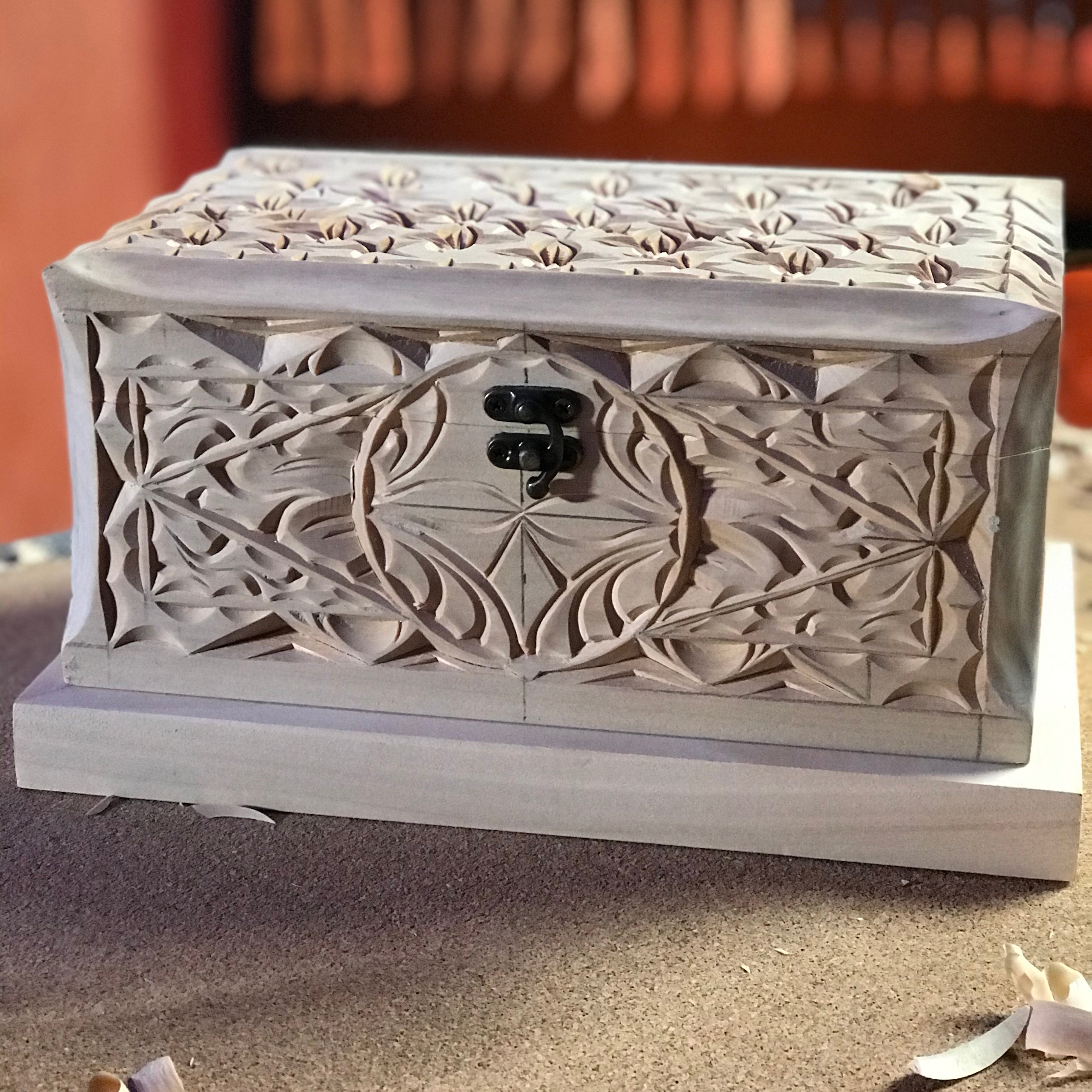 Wooden Blank Jewelry Box for Carving and Decoupage, Basswood Craft Box for Chip Carving, Geometric Patterns, Handmade Gift