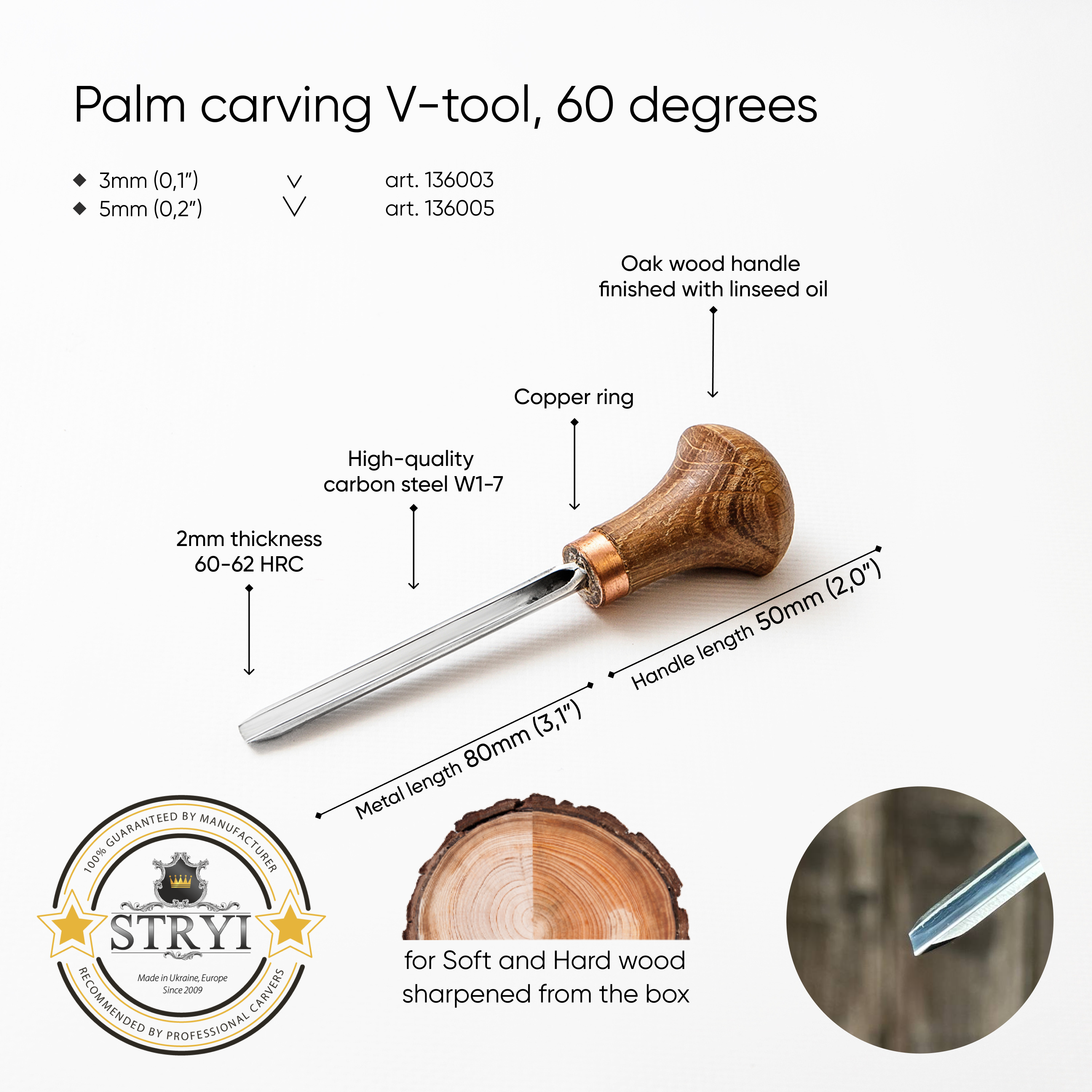 Palm carving V-tool STRYI Profi 60 degrees, Micro carving chisel, Engraving tool, Burin, Graver tool