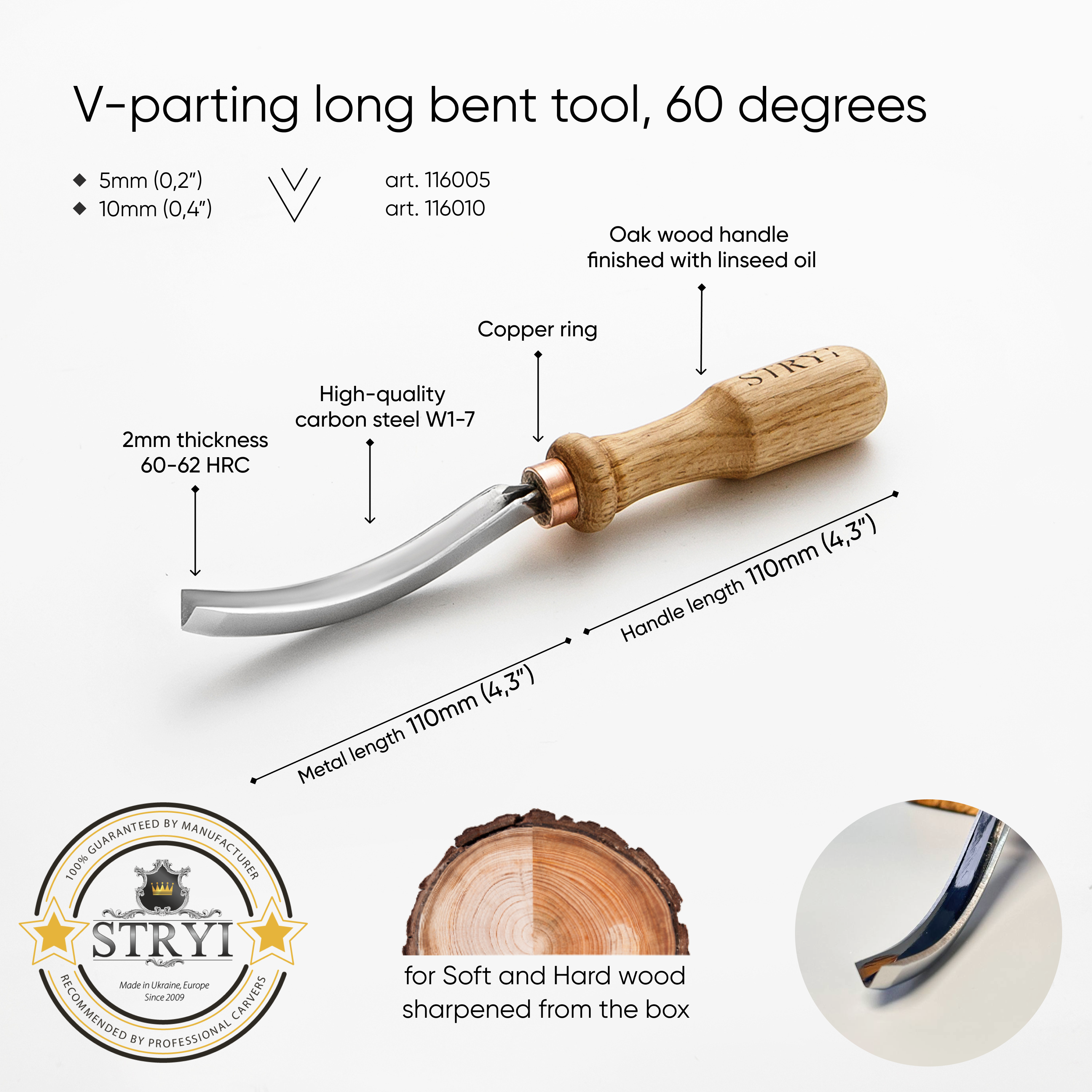 Cincel de separación en V curvado largo STRYI Profi #, 60 grados