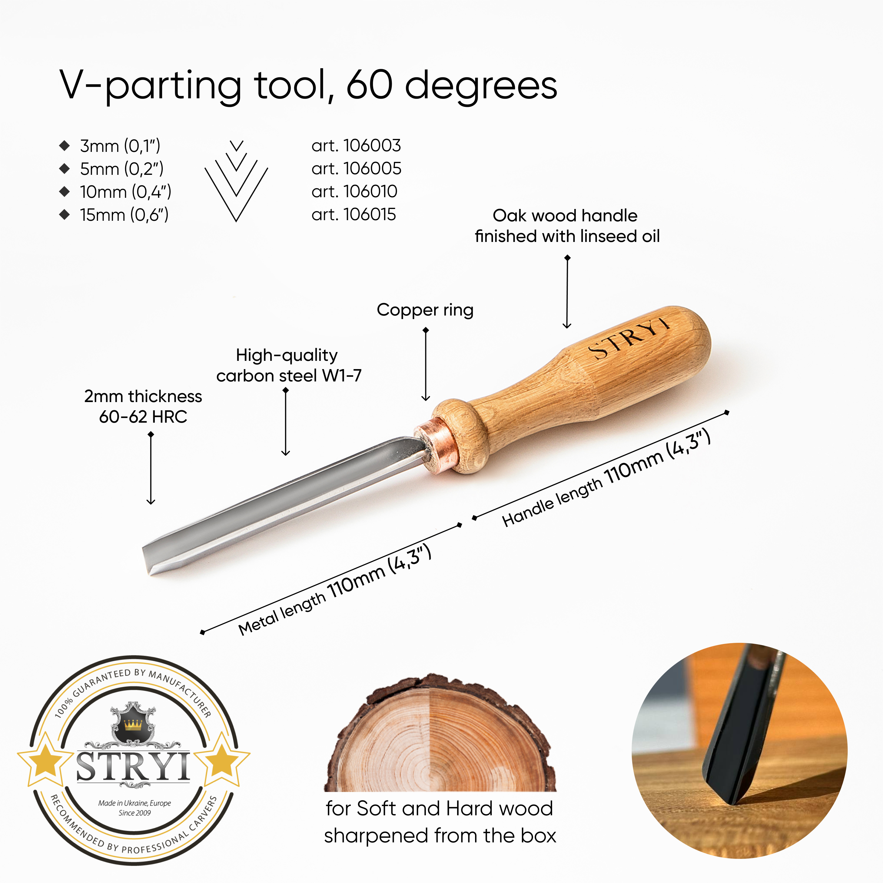 Cincel para corte en V de 60 grados, gubias para tallar madera STRYI Profi