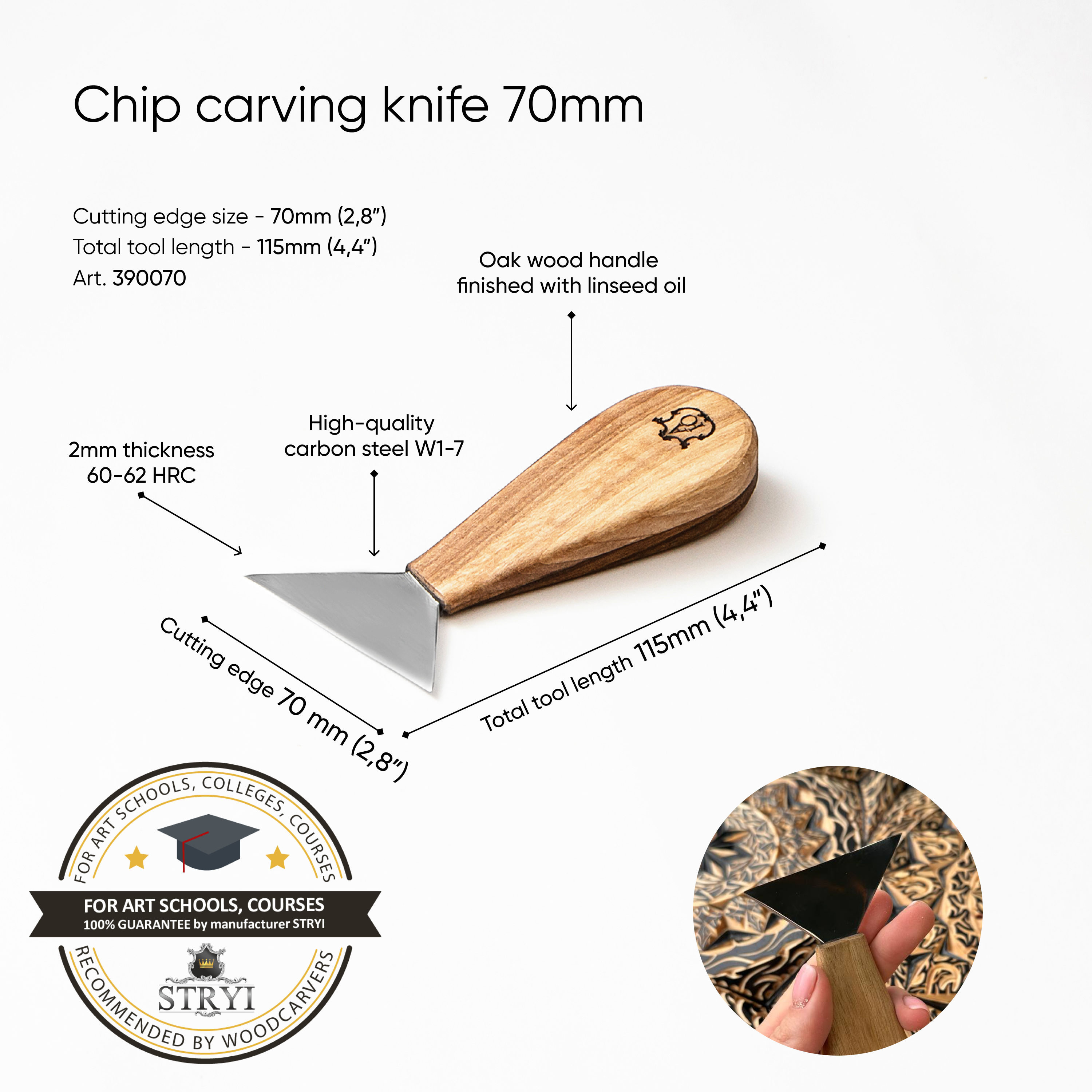Chip Carving knife 70mm, Triangle knife chisel STRYI&Adolf Yurev Profi