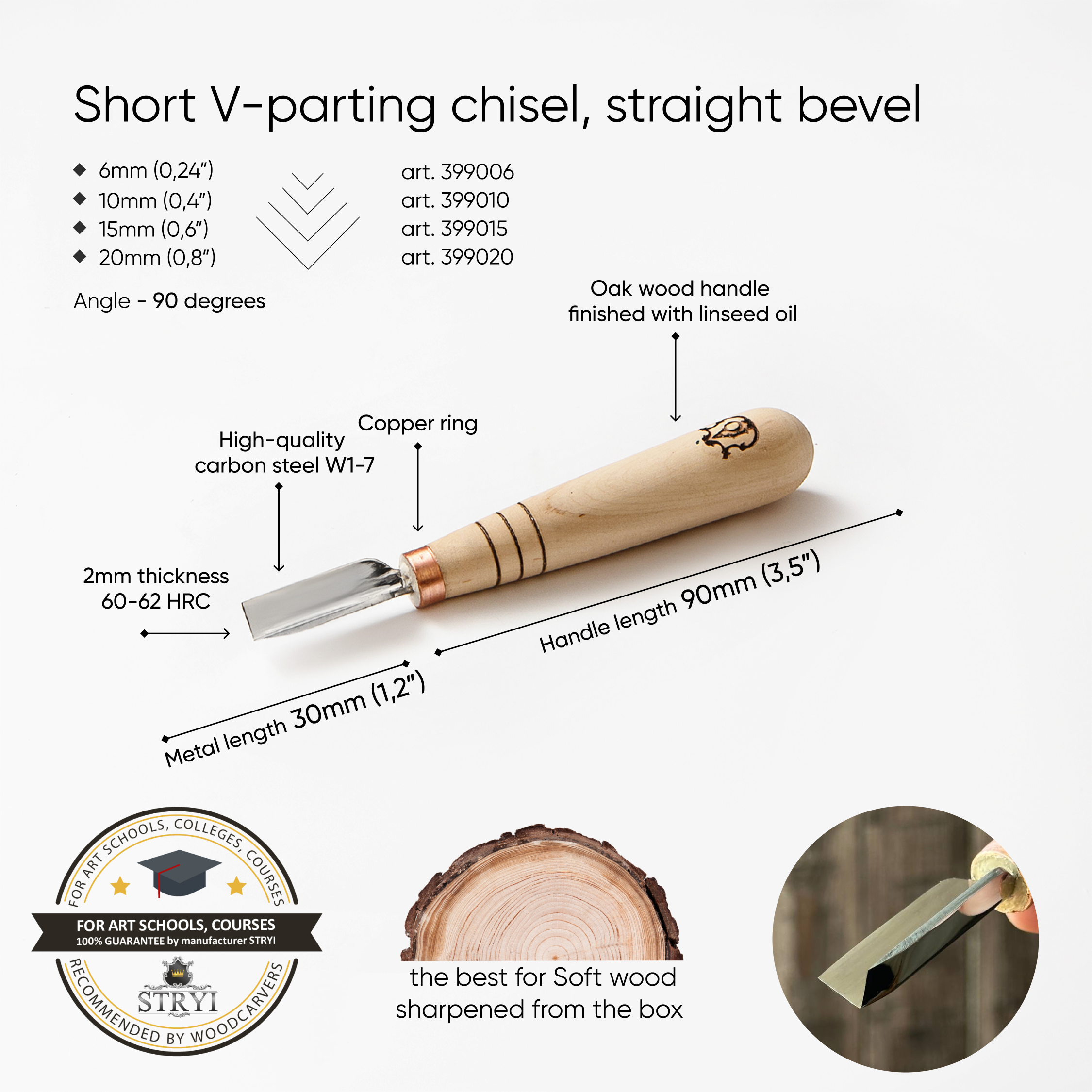 V-parting short chisel straight-beveled STRYI-AY Profi for chip carving, V-shaped chisels, V-tools