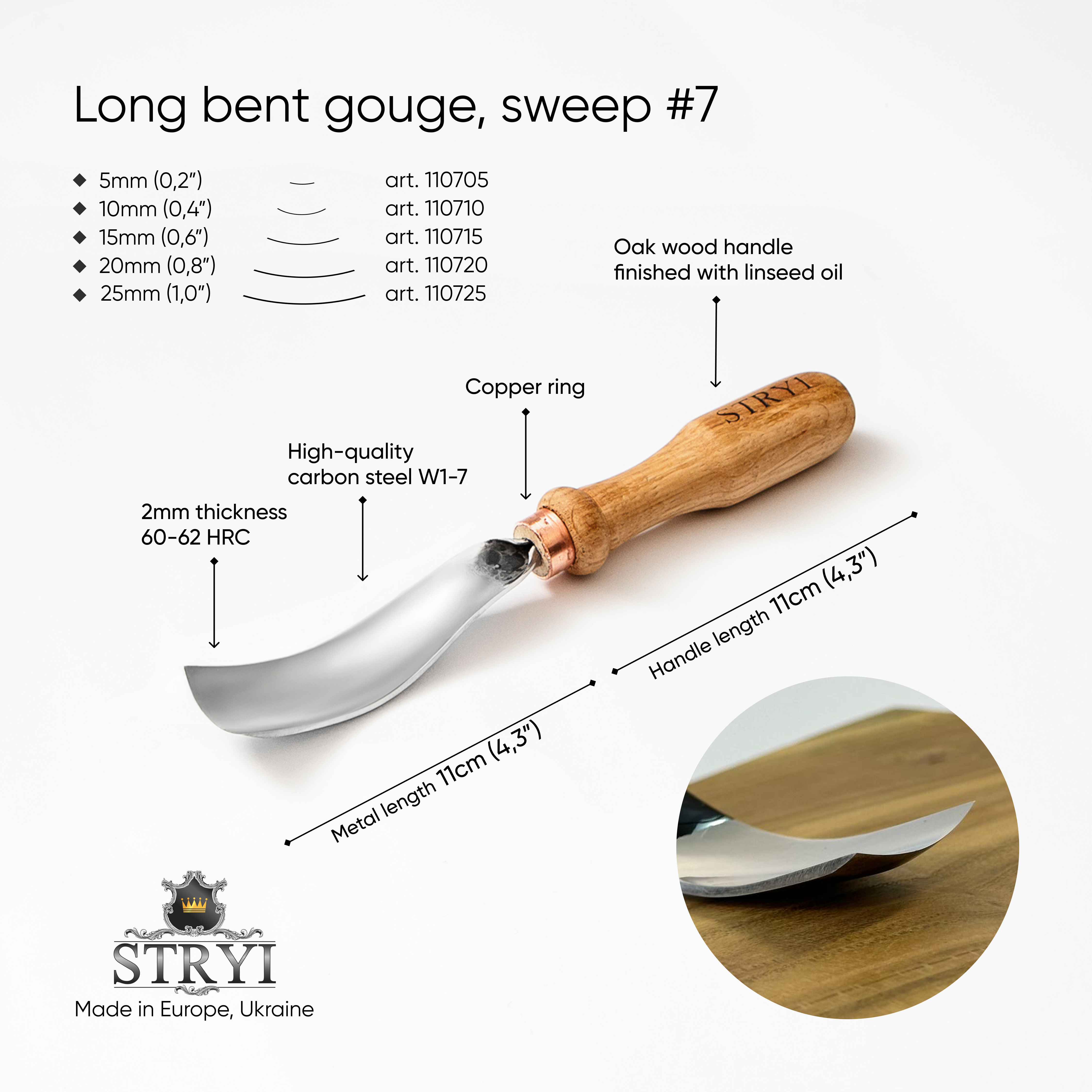 Gubia cincel curvado largo, perfil #7, herramientas para tallar madera STRYI Profi