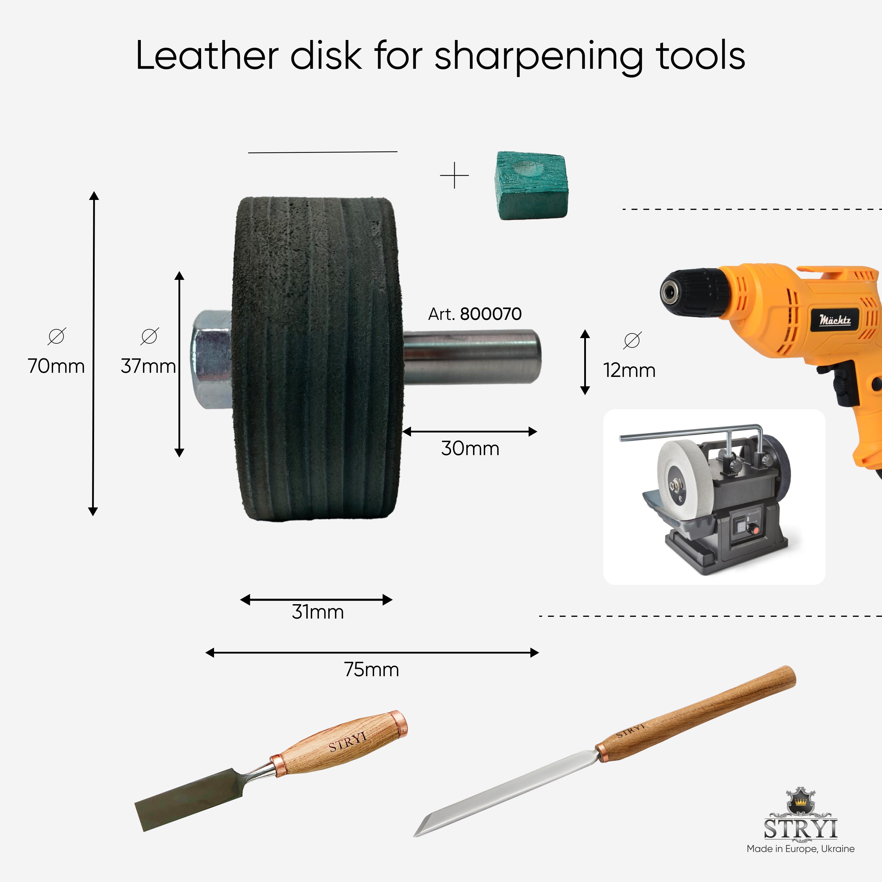 Leather disk for sharpening with polishing paste, Leather wheel for sharpening, Sharpening tools