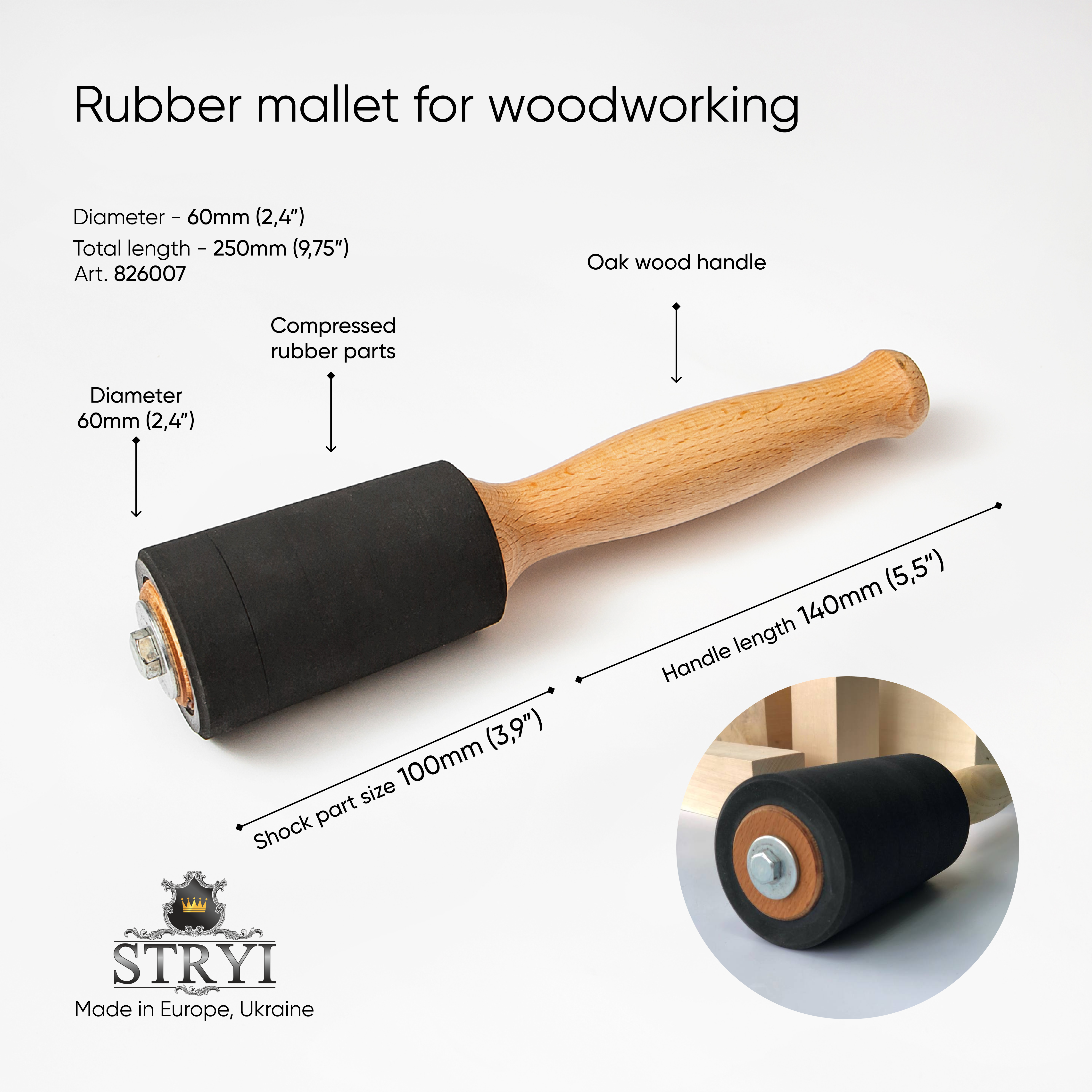 Rubber mallet for woodworking and wood carving, stone processing, for making sculpture