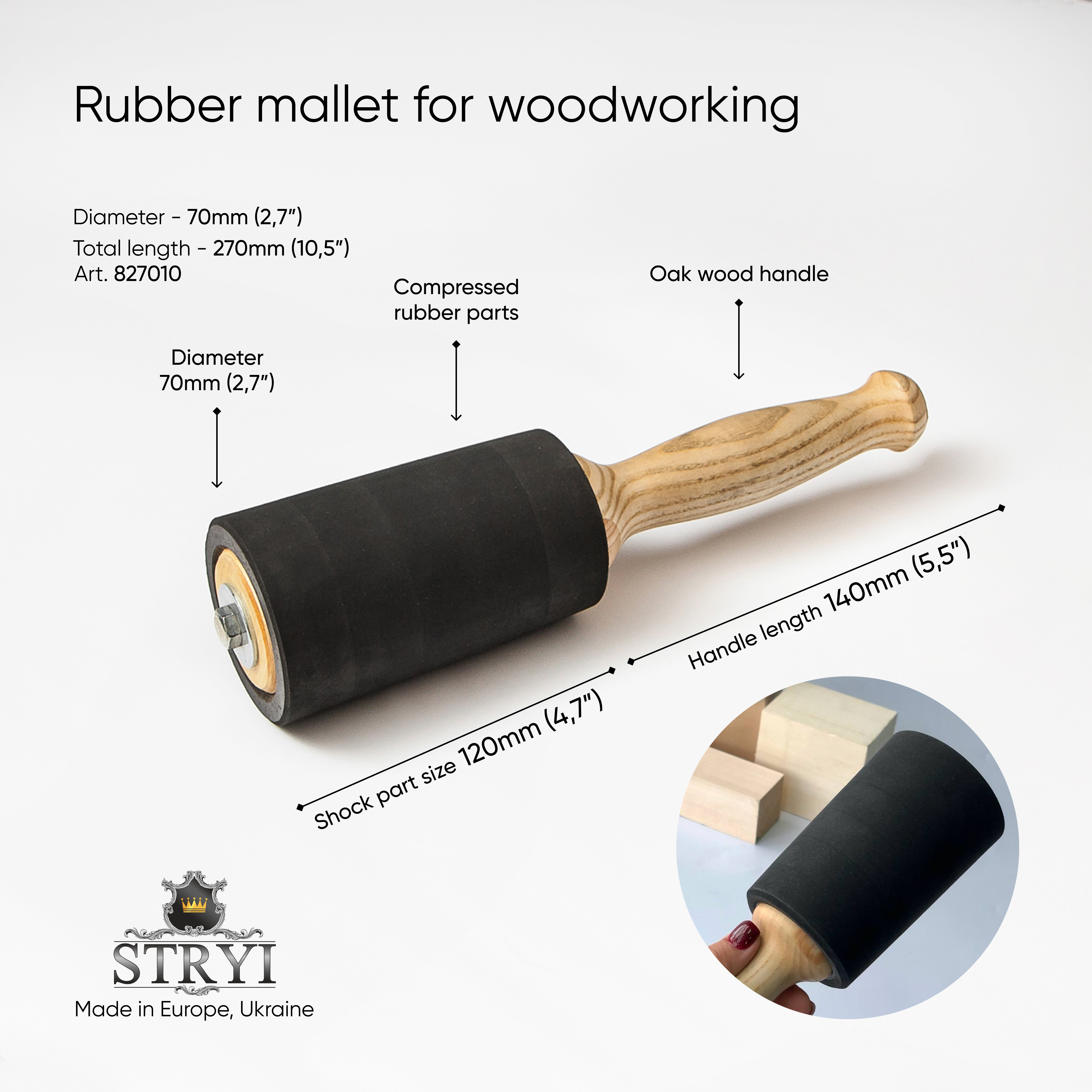 Rubber mallet for woodworking and wood carving, stone processing, for making sculpture