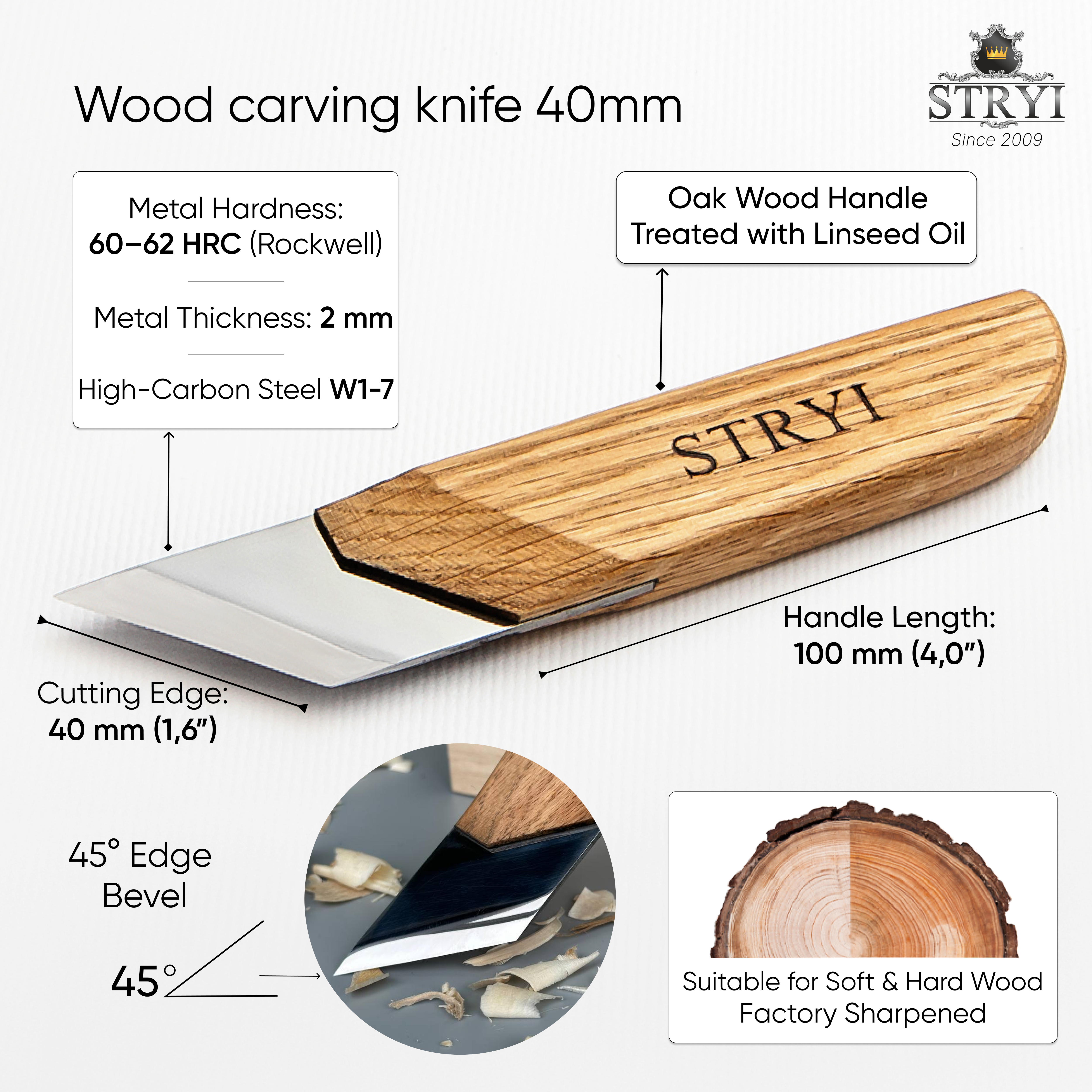 Wide carving knife, carving knife 40mm STRYI Profi, Skewed knife, Knife for sculpting