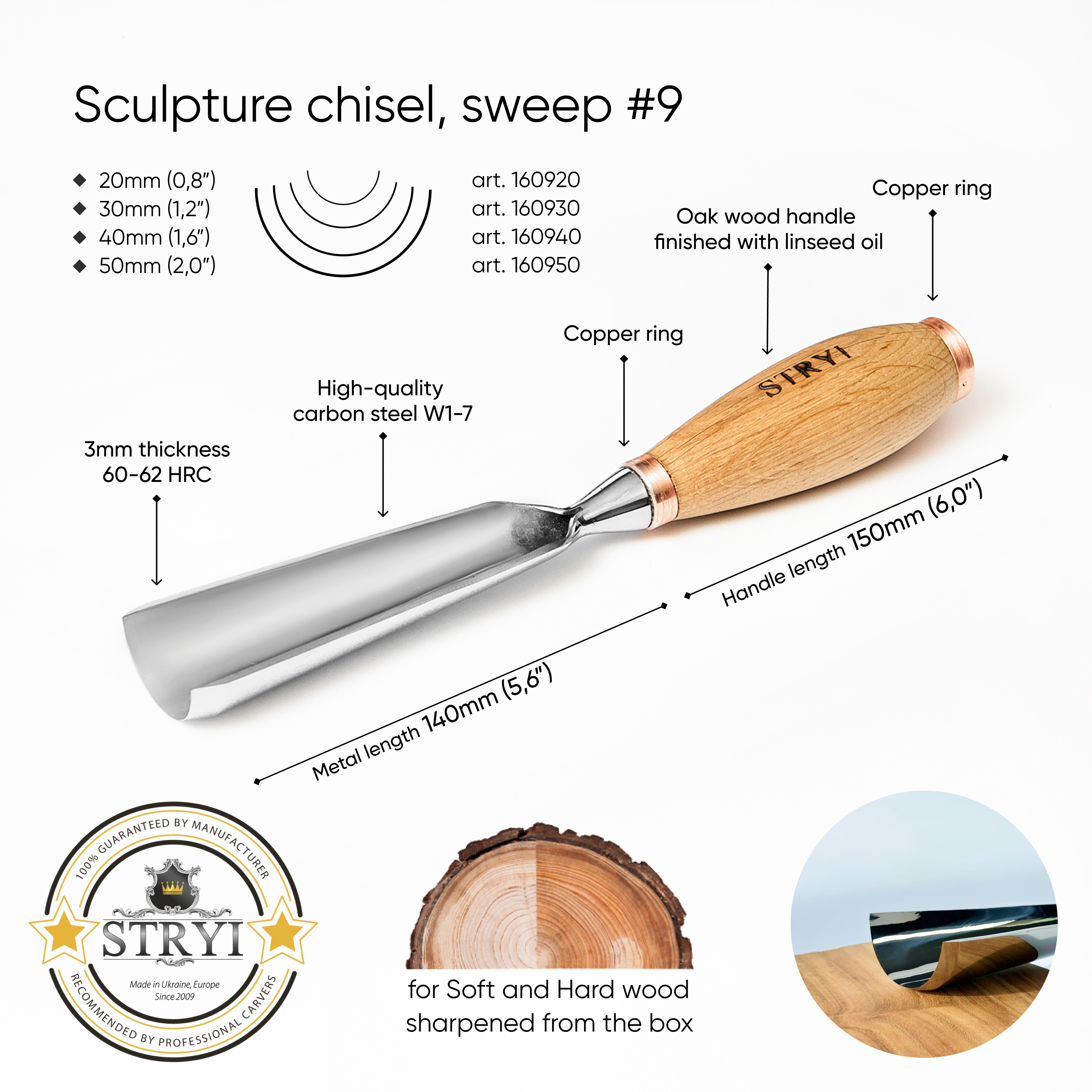 Large sculpture gouge, Heavy duty chisel, 9 profile Semicircular, STRYI Profi, Sculpting tools