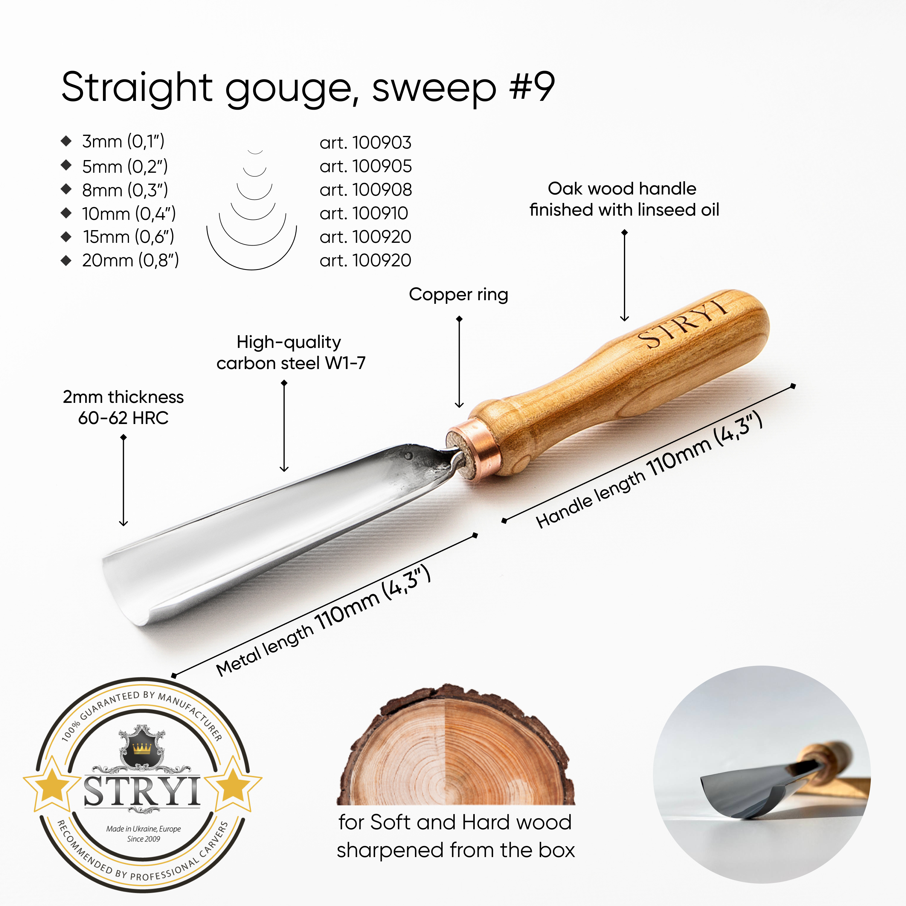 Gouge #9 profile Woodcarving chisel STRYI Profi, Gouge, Rounded chisel, Relief carving