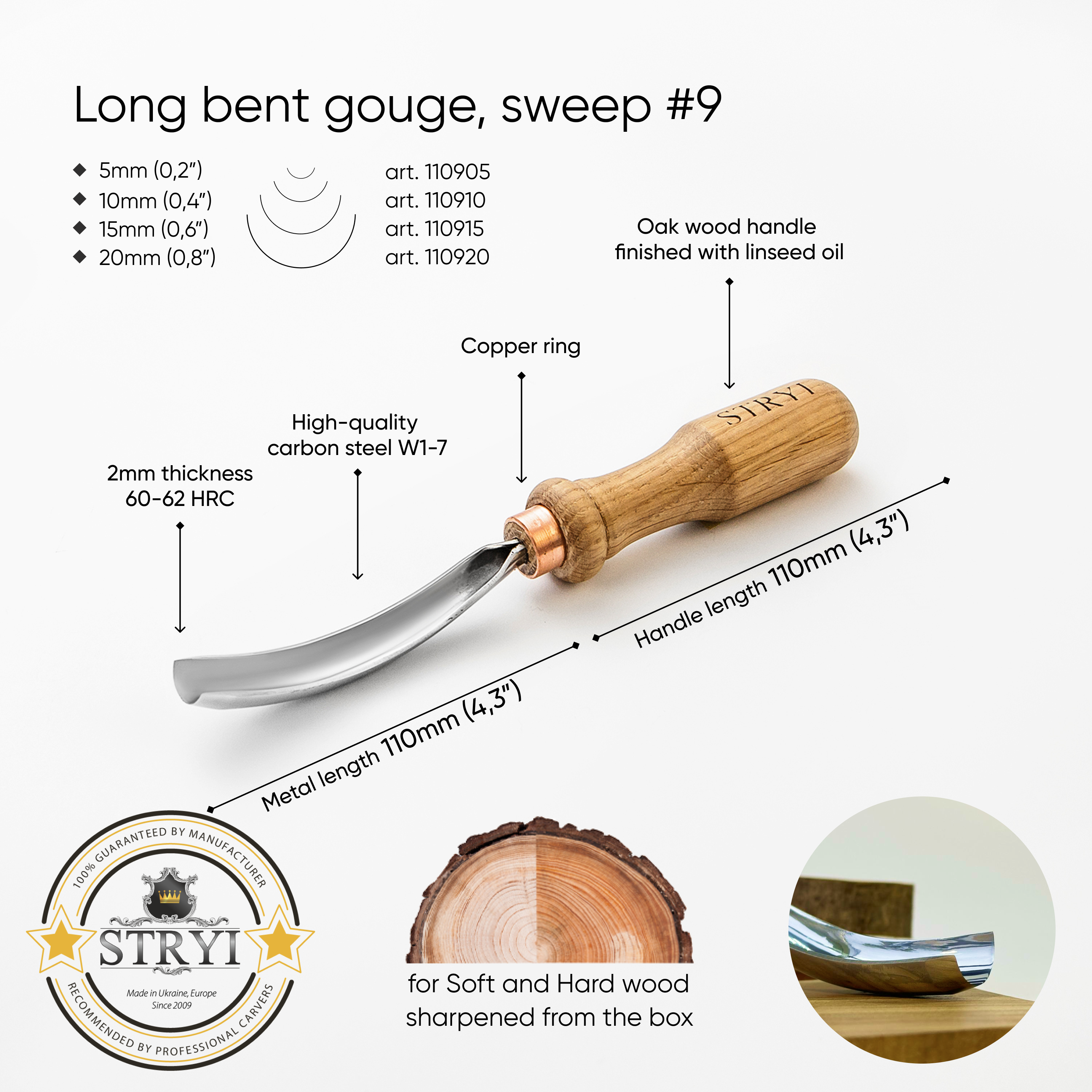 Gouge long bent chisel, #9 profile, woodcarving tools STRYI Profi