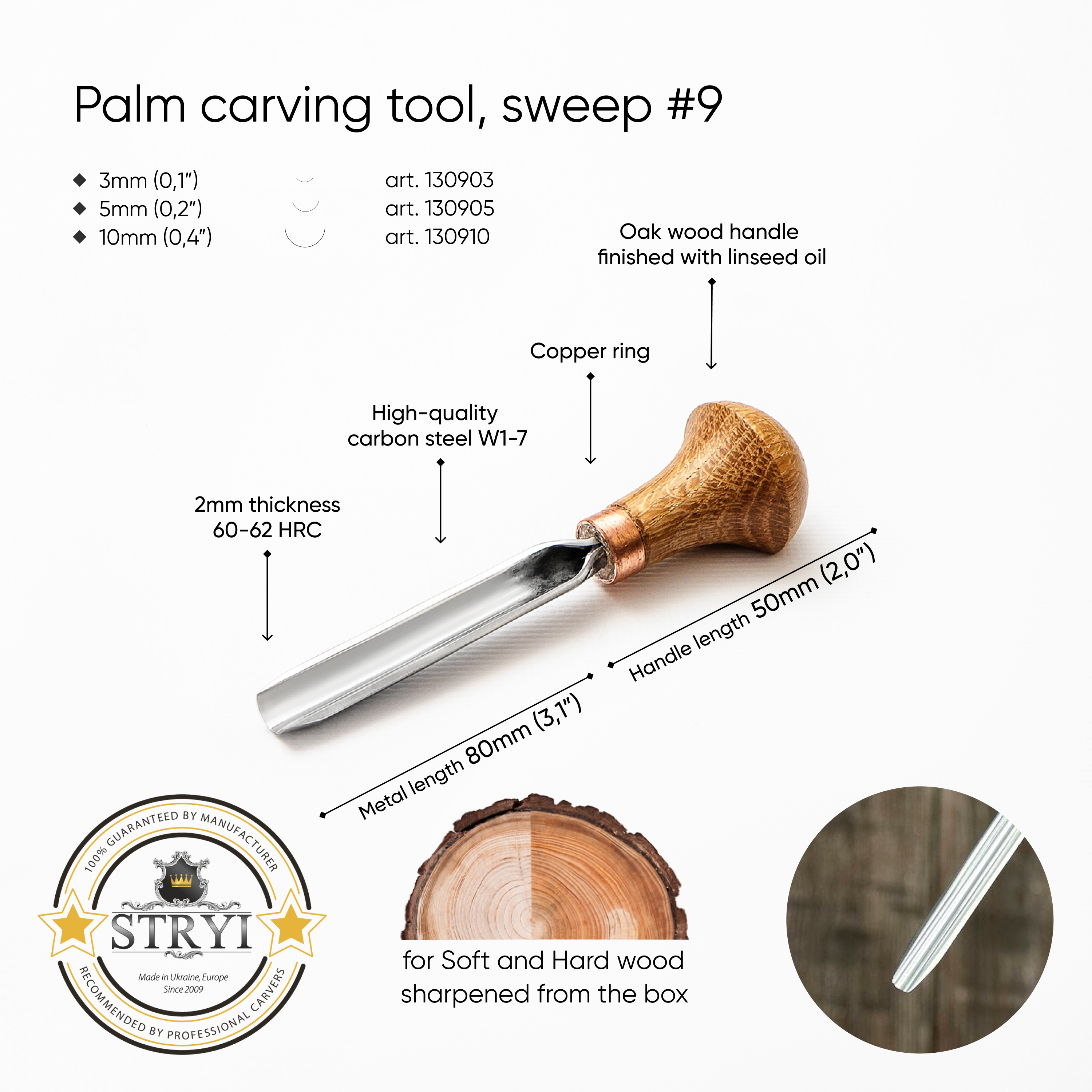 Palm carving tool STRYI Profi sweep #9, Linocutting tool, Burin Engraver, Detailed tool, Palm gouge