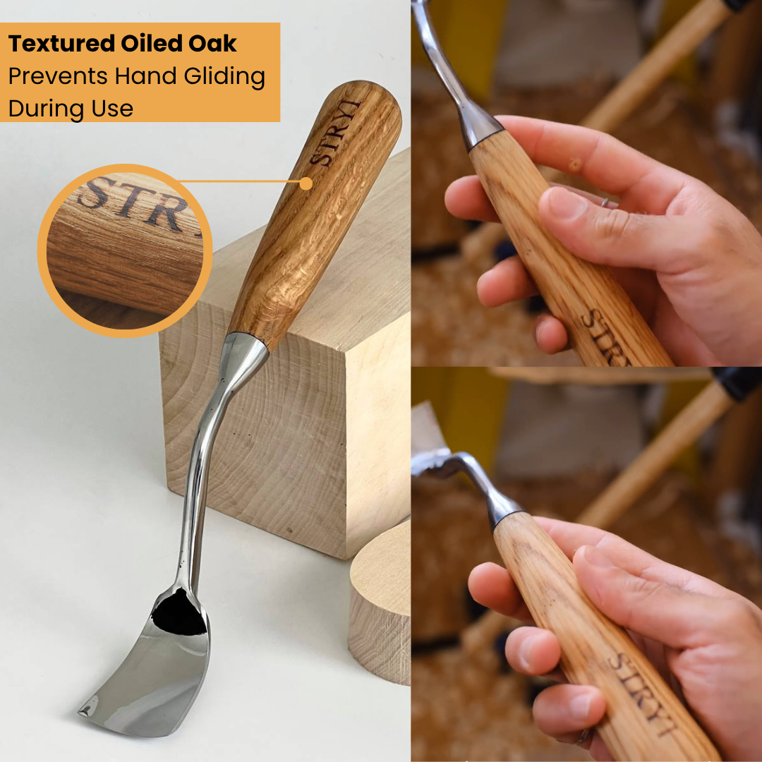 Large bent chisel for kuksa spoon cutting, STRYI Profi, Chisel for bowl, spoon, kuksa, cup, Tool for deep carving, Forged steel tool, STRYI bent gouge