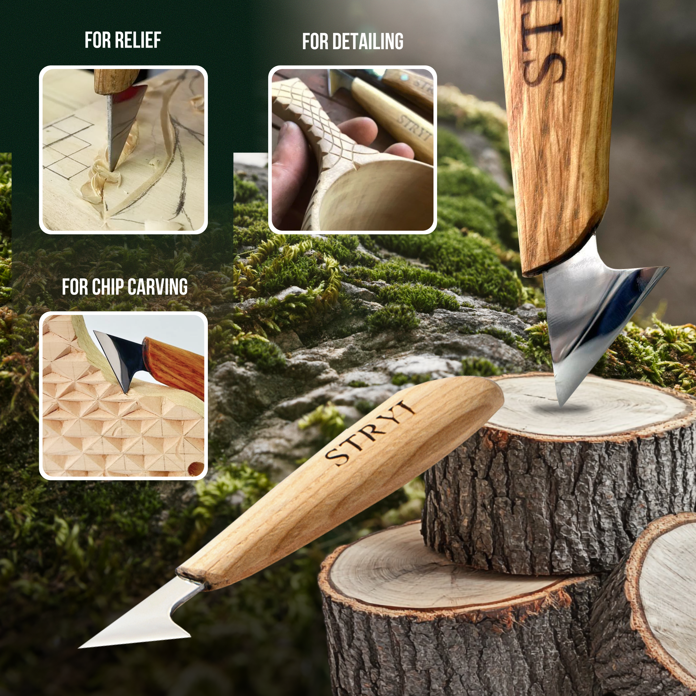 Wood Carving Kit 7 pcs, Chisels and Gouges STRYI Profi, Versatile Carving Set