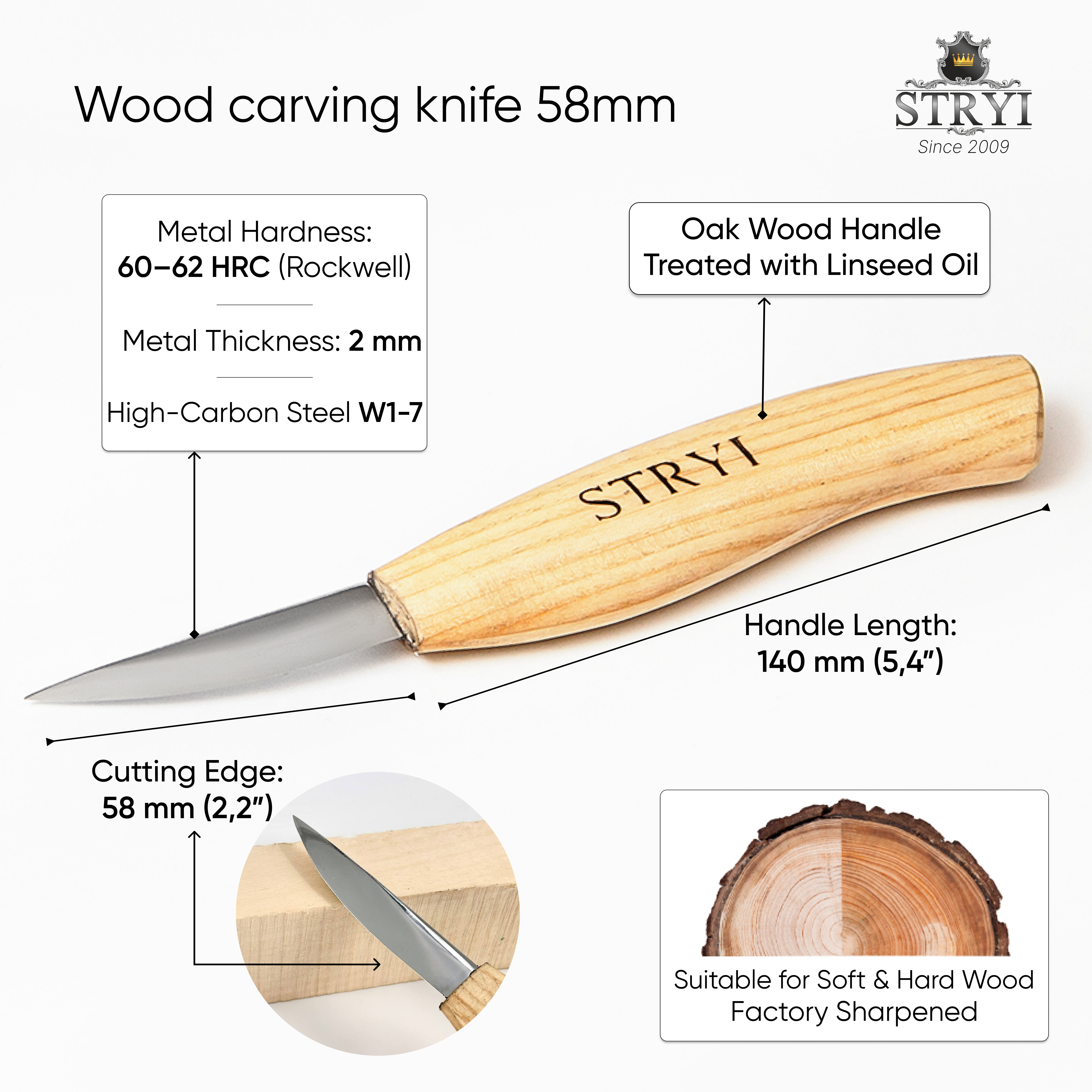 Whittling knife for wood carving 58mm STRYI Profi, Sloyd knife, Carving figurines, Carving knife