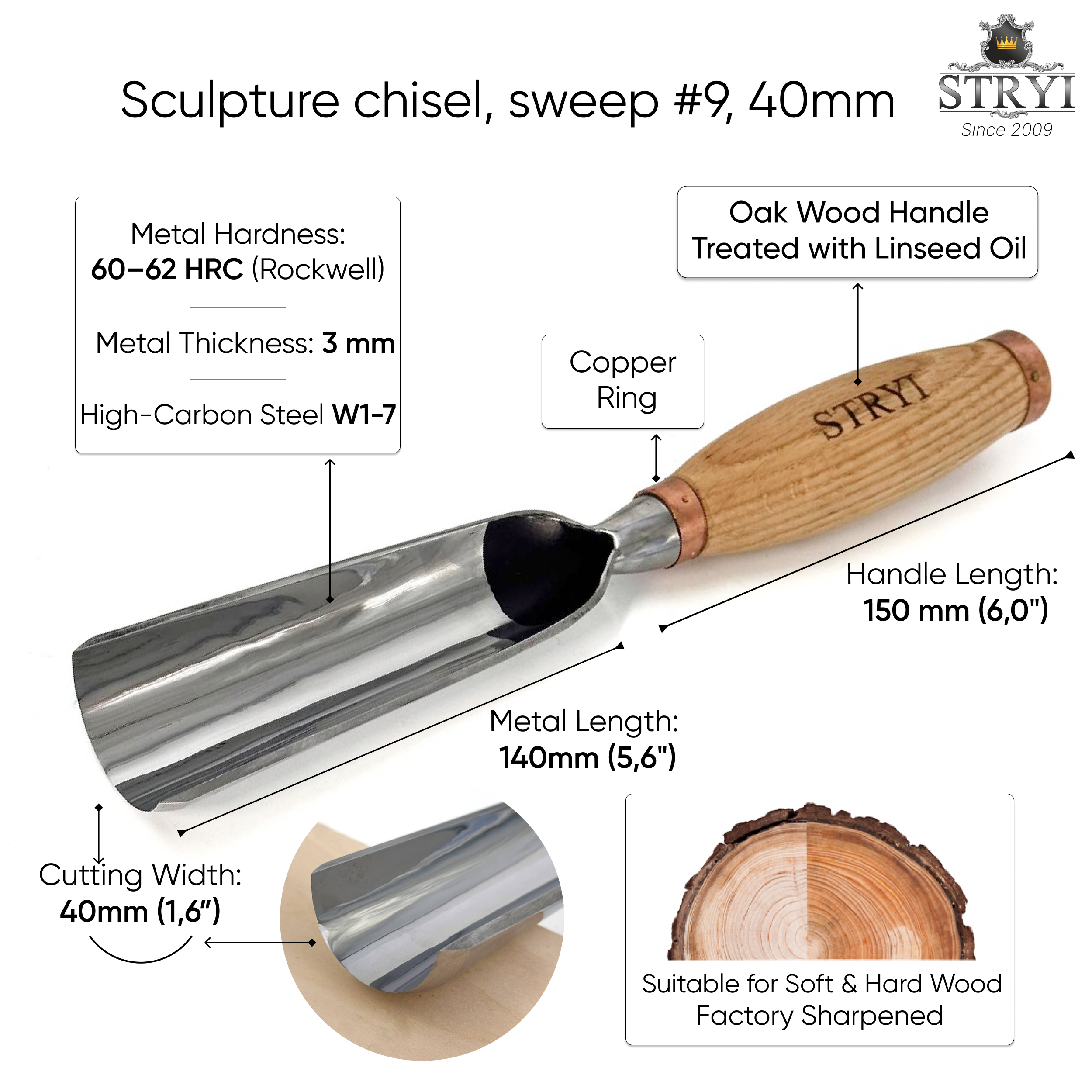 Sculpture tools set STRYI Profi 3pcs, Heavy-duty chisels set, Forged steel tools