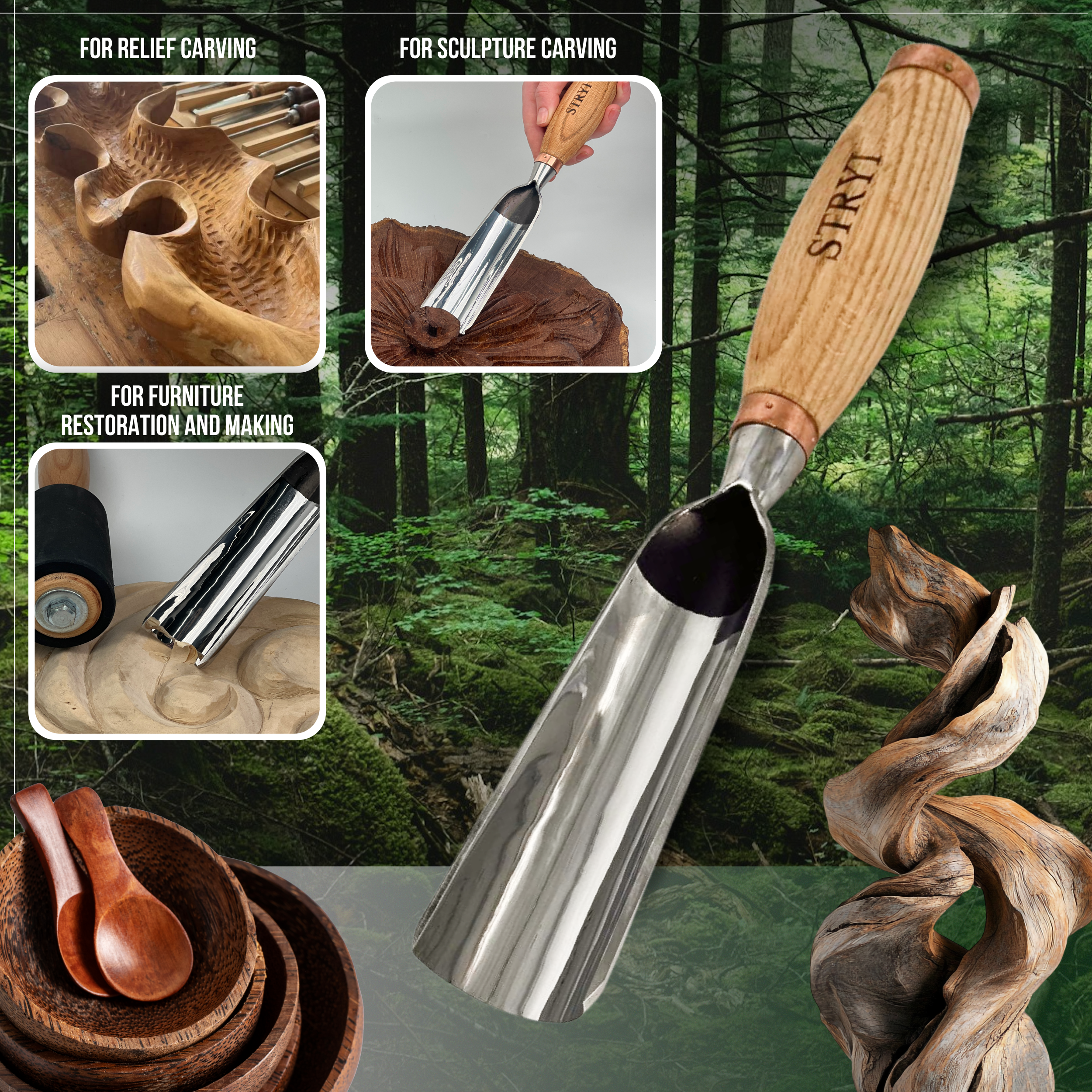 Sculpture tools set STRYI Profi 3pcs, Heavy-duty chisels set, Forged steel tools