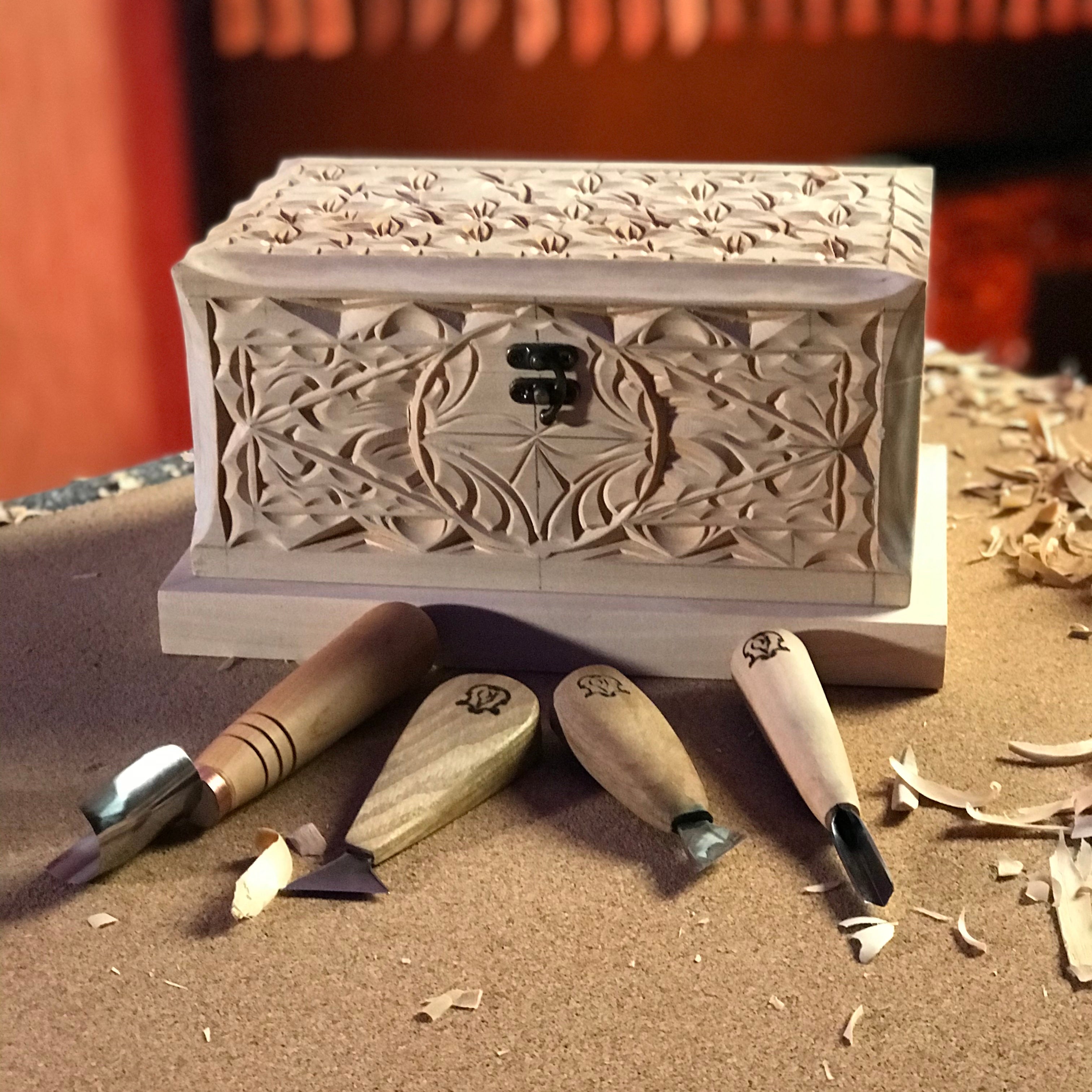 Wooden Blank Jewelry Box for Carving and Decoupage, Basswood Craft Box for Chip Carving, Geometric Patterns, Handmade Gift