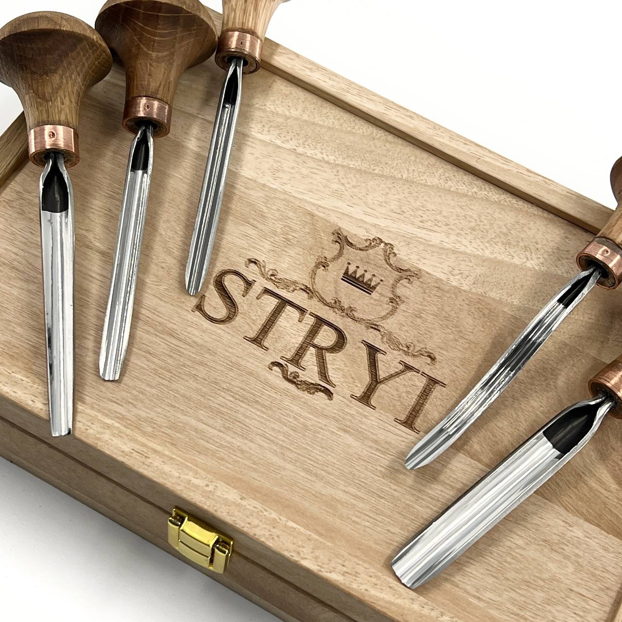 Detailed relief carving set of 5 palm tools STRYI Profi, Toolset for Linocuttting, Whittling figurines in Deluxe gift box