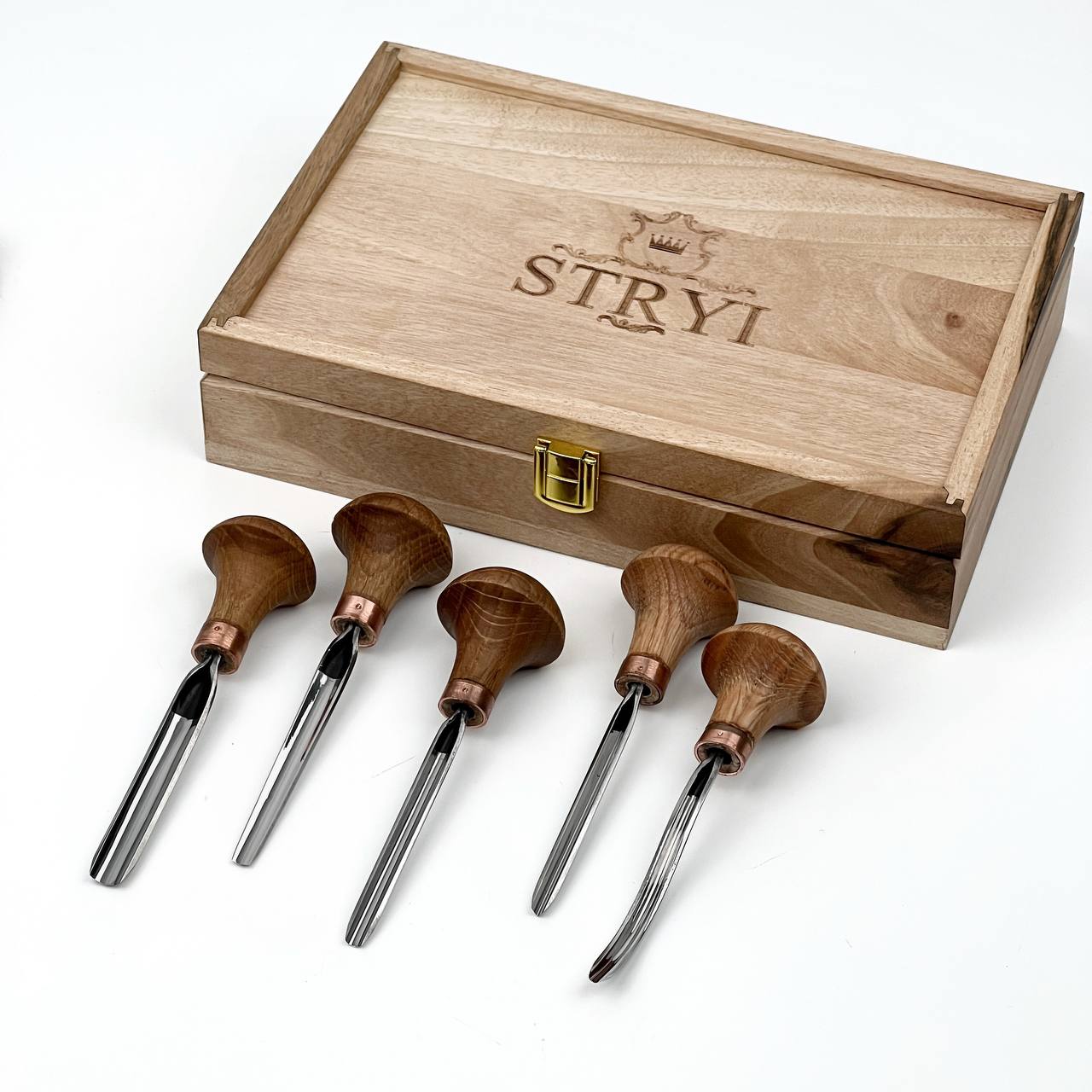Detailed relief carving set of 5 palm tools STRYI Profi, Toolset for Linocuttting, Whittling figurines in Deluxe gift box