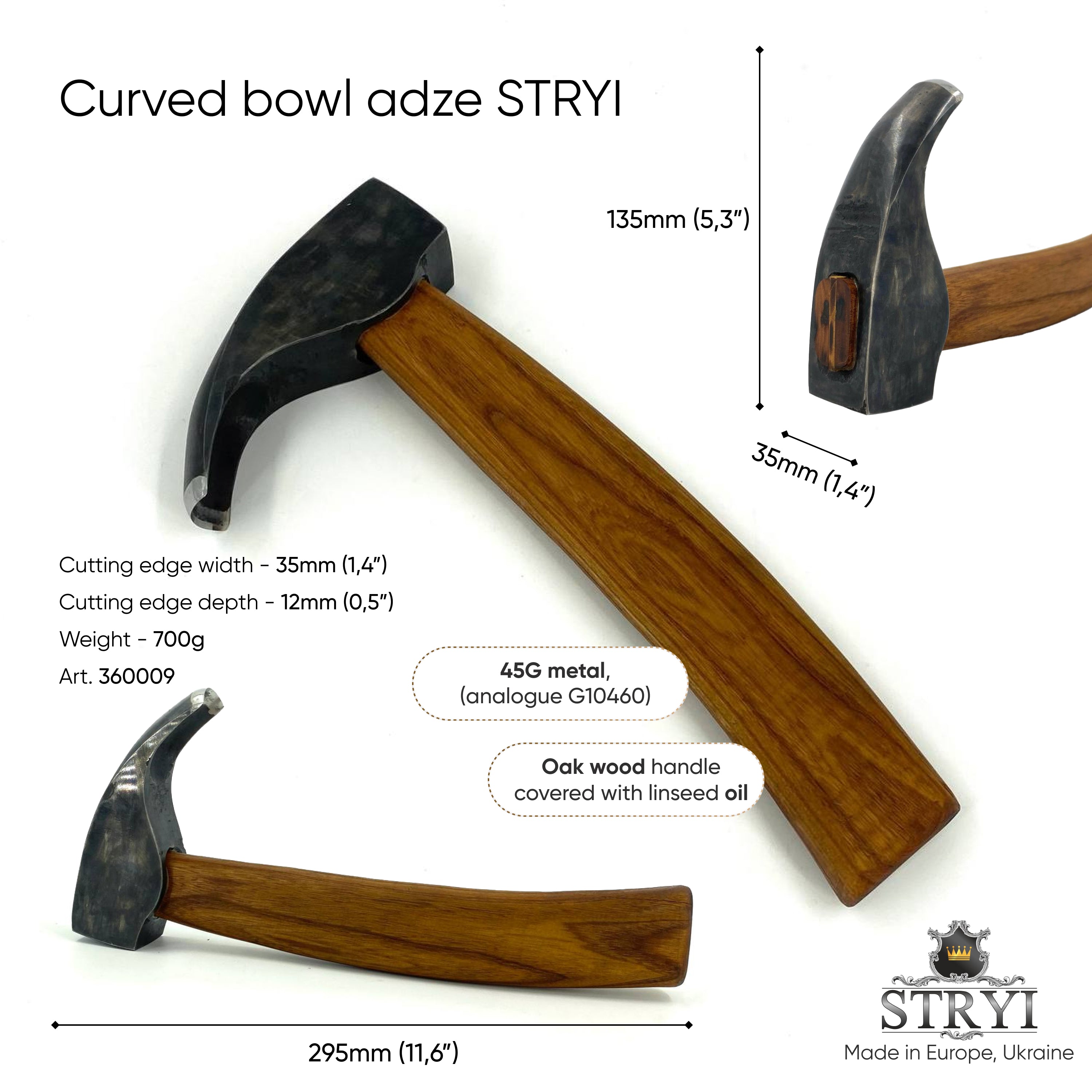 Curved bowl adze STRYI, Handmade Adze, Carpentry Tool, Carpentry Adze, Woodcarving Adze