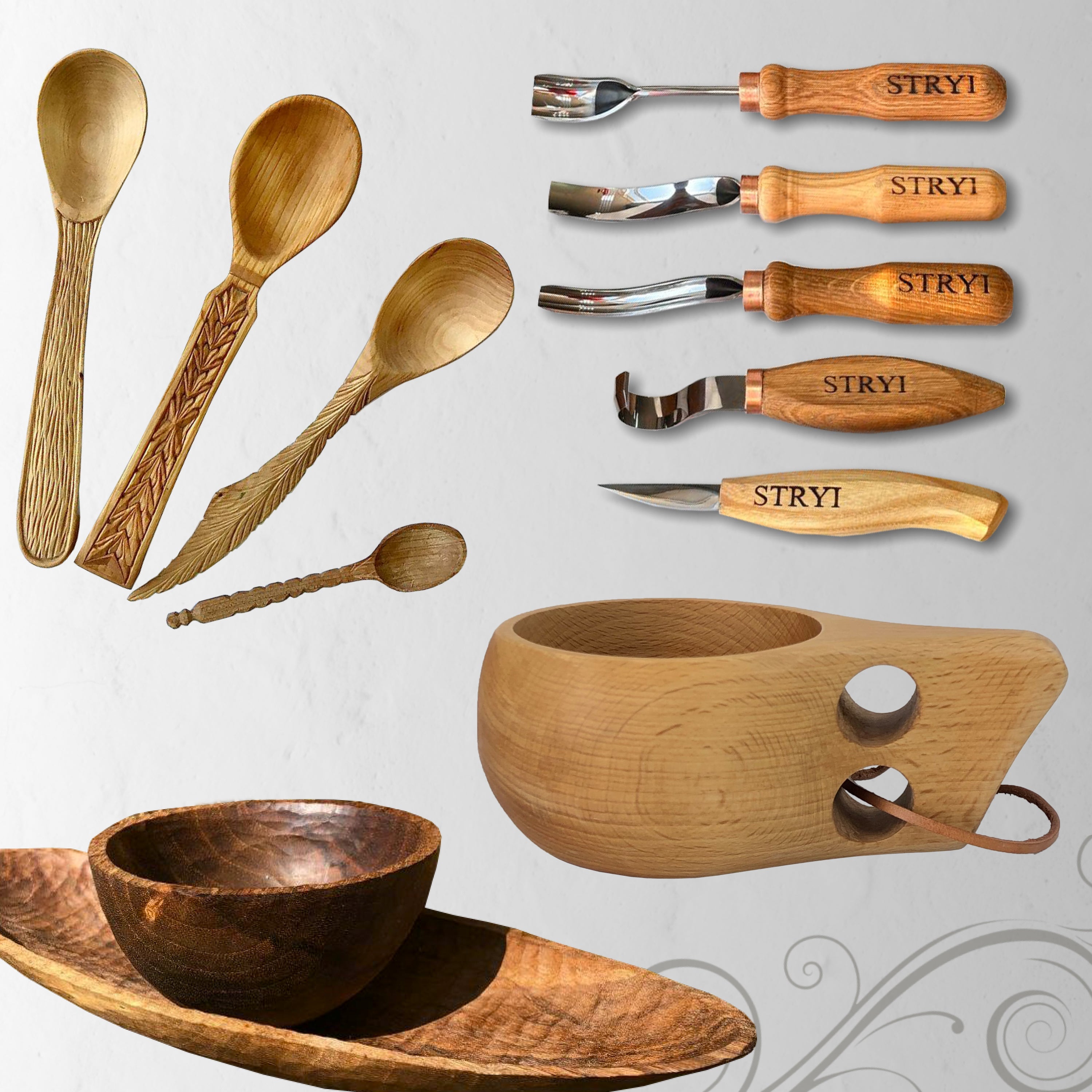 Spoon carving toolset 5pcs STRYI Profi in wooden gift box, Kuksa gouges, Bowl carving, Gift ready