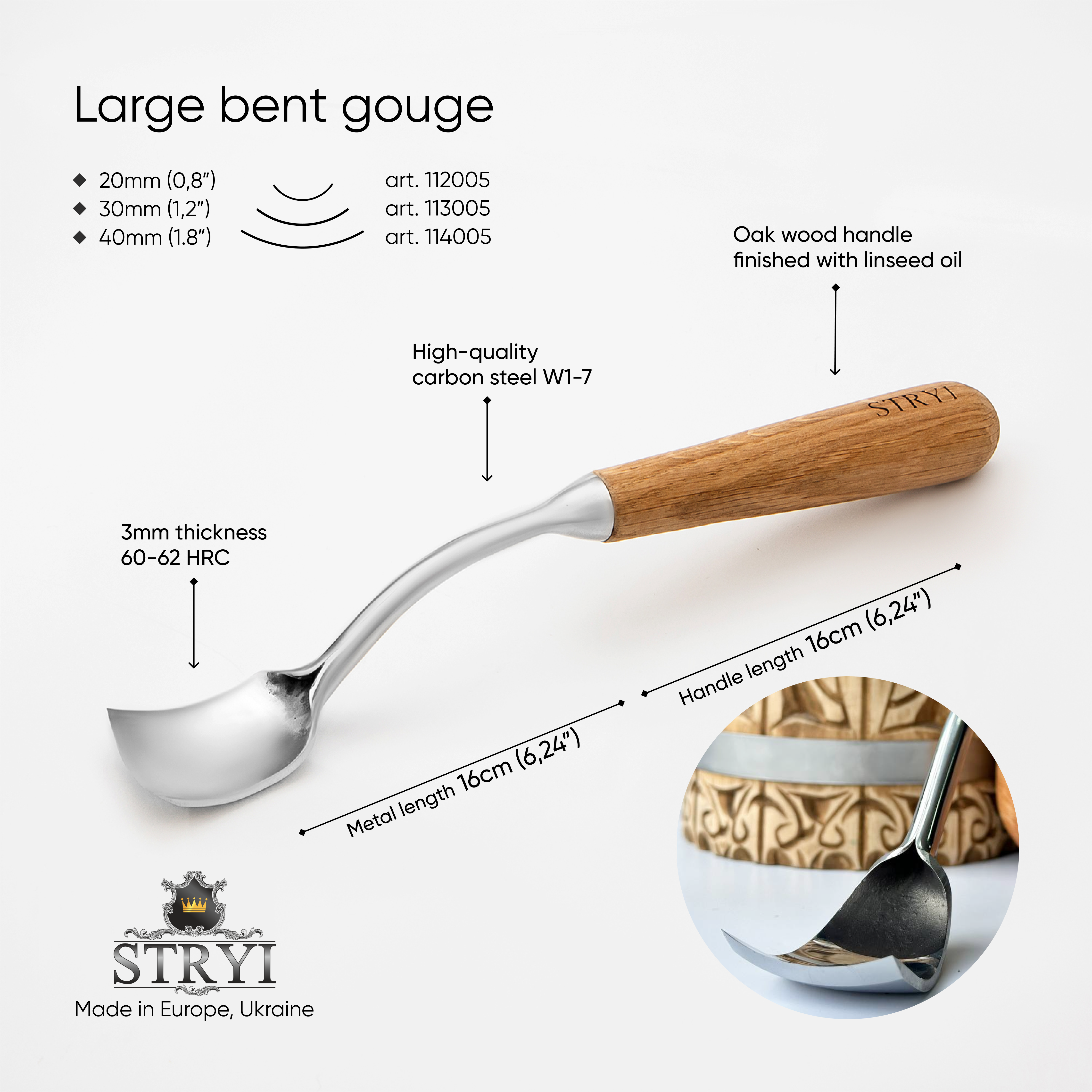 Large bent chisel for kuksa spoon cutting, STRYI Profi, Chisel for bowl, spoon, kuksa, cup, Tool for deep carving, Forged steel tool, STRYI bent gouge