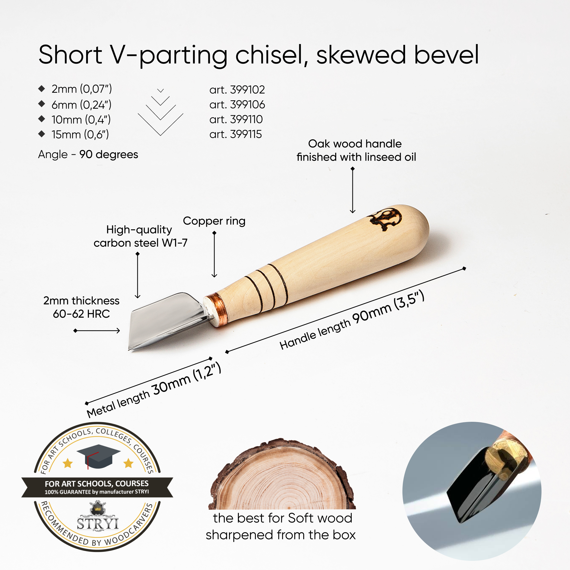 V-parting tool, Short chisel skewed STRYI-AY Profi for carving, V-shaped chisel