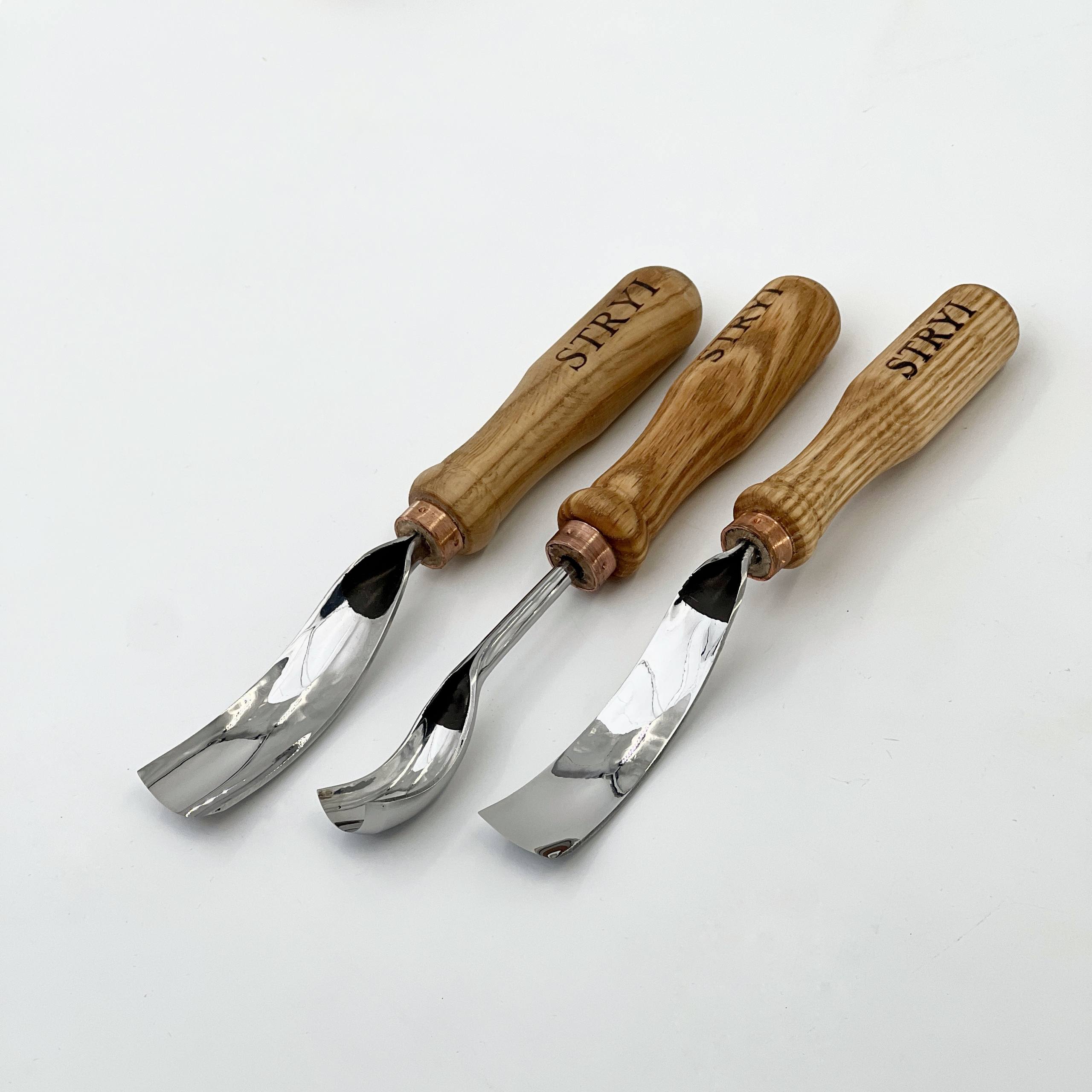 Set of 3 Bent Gouges STRYI Profi for Spoon &Bowl Carving
