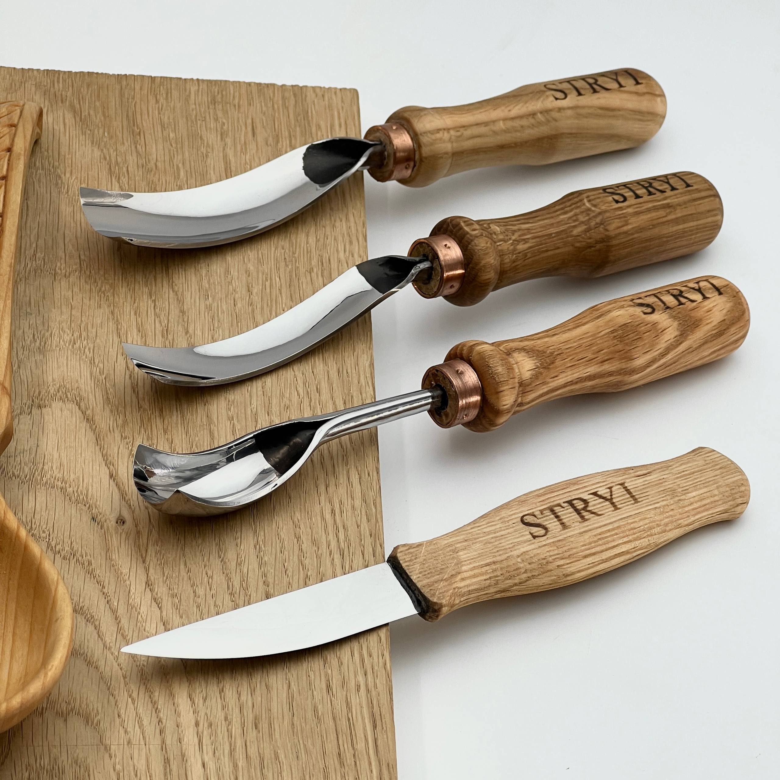 Spoon Wood carving set 4 pcs STRYI Profi, Carving tools, Hook knife, Spoon making