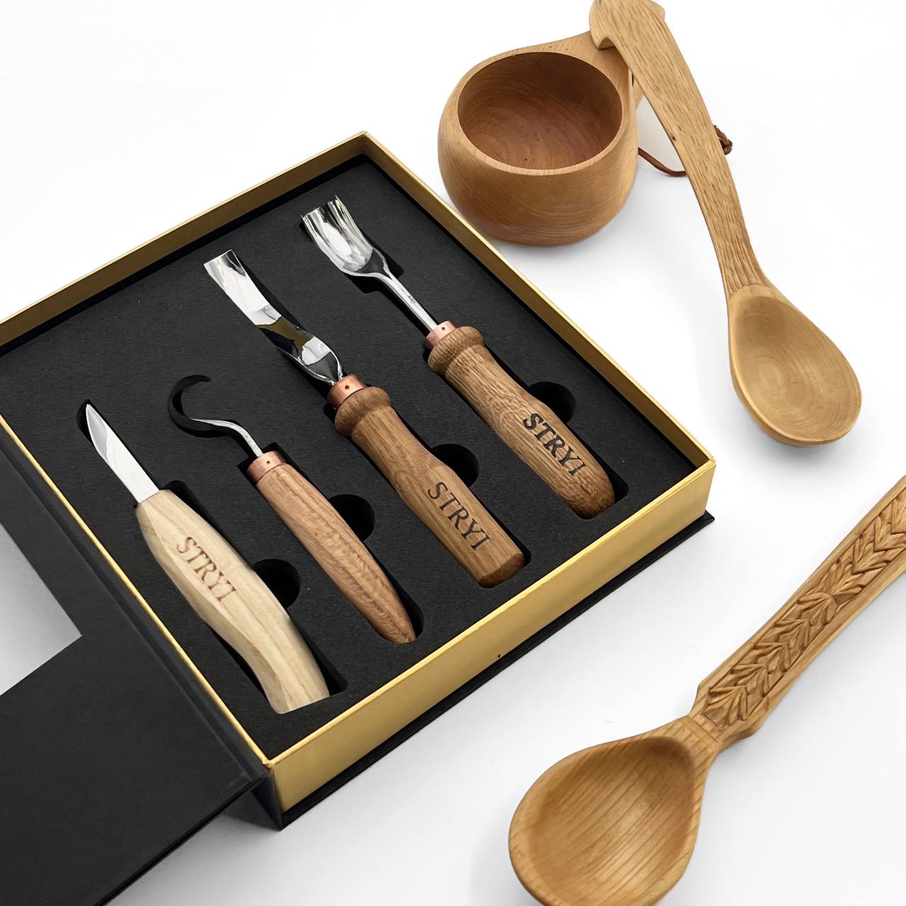 Bowl & Spoon Carving Kit: 4pc Set for Kuksa, Bowls & Spoons, Ready-to-Gift 5pcs STRYI Profi in deluxe gift box
