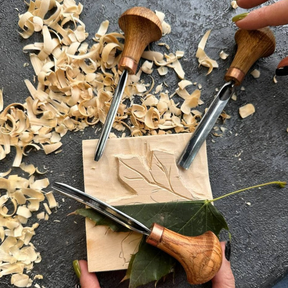 Wood carving tools set of 7 pcs, gravers and burins STRYI Start, Linocutting set, Detailed microcarving