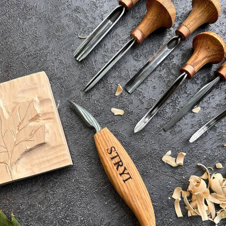 Wood carving tools set of 7 pcs, gravers and burins STRYI Start, Linocutting set, Detailed microcarving