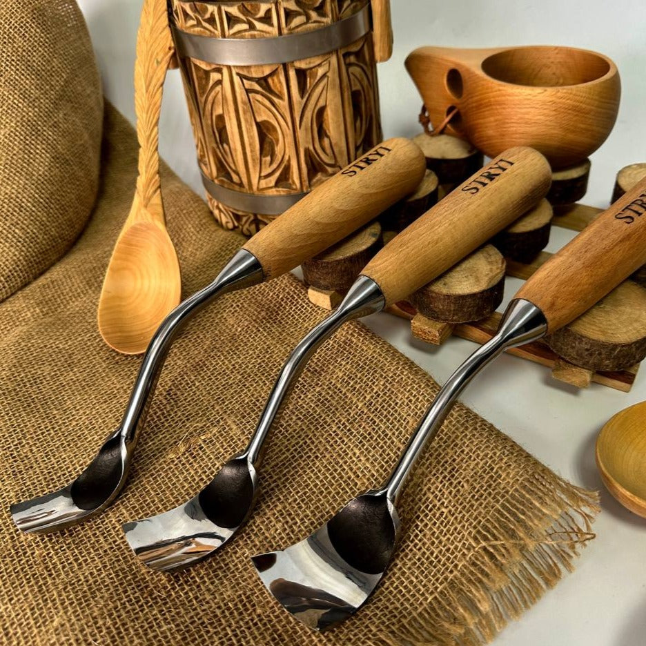 Schalenschnitzwerkzeug-Set mit 3 großen gebogenen Hohleisen STRYI Profi, Kuksa Hohleisen