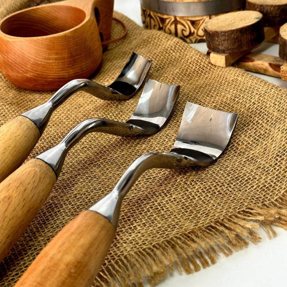 Schalenschnitzwerkzeug-Set mit 3 großen gebogenen Hohleisen STRYI Profi, Kuksa Hohleisen