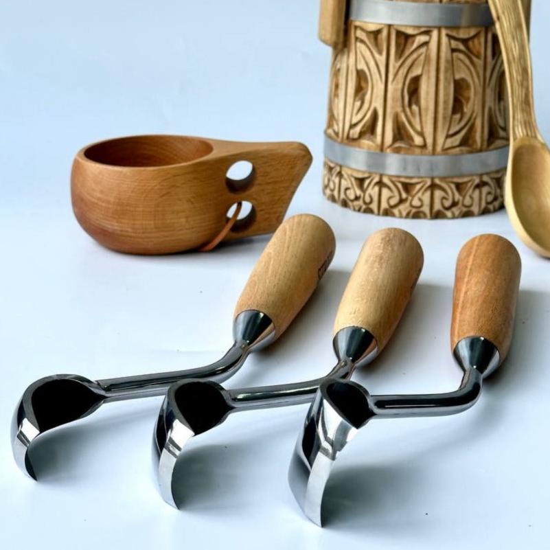 Schalenschnitzwerkzeug-Set mit 3 großen gebogenen Hohleisen STRYI Profi, Kuksa Hohleisen