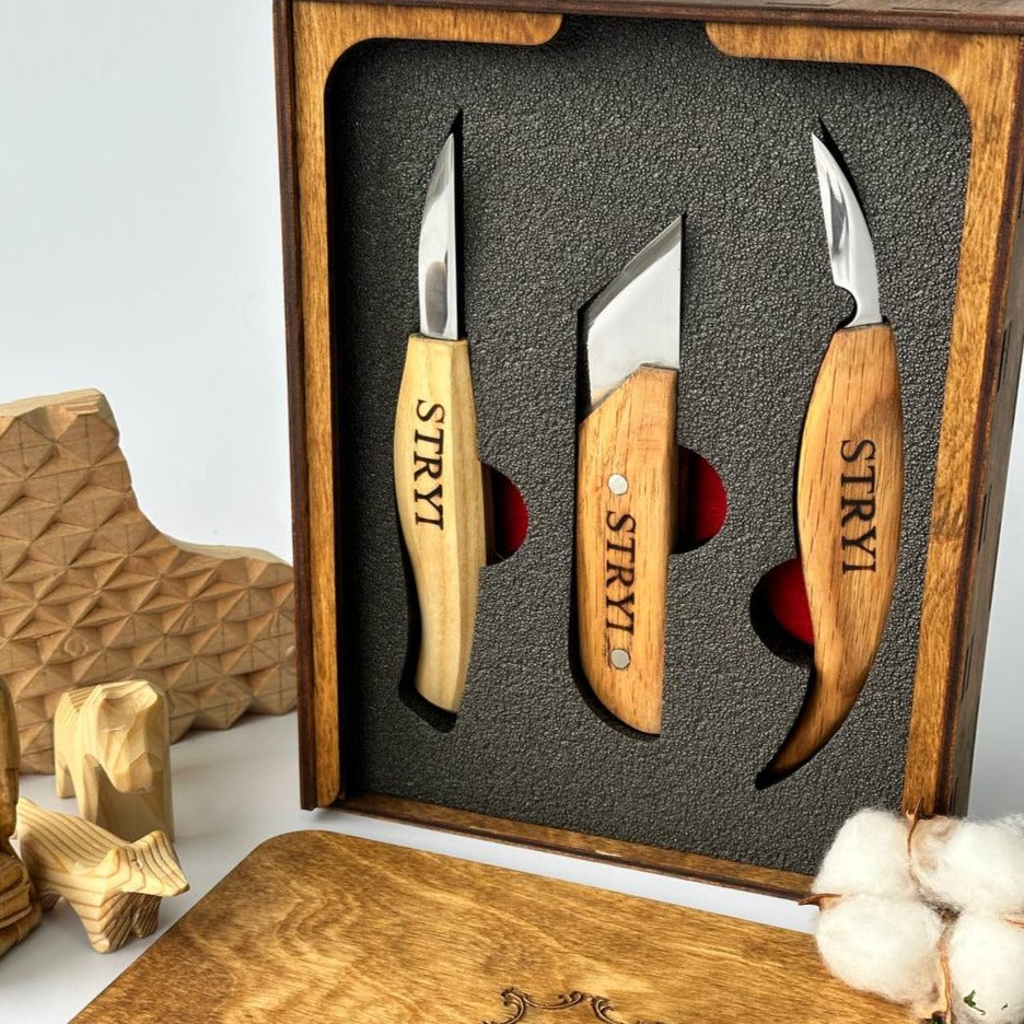 Wood Carving Knives set of 3pcs STRYI Profi in Storage Wooden Box