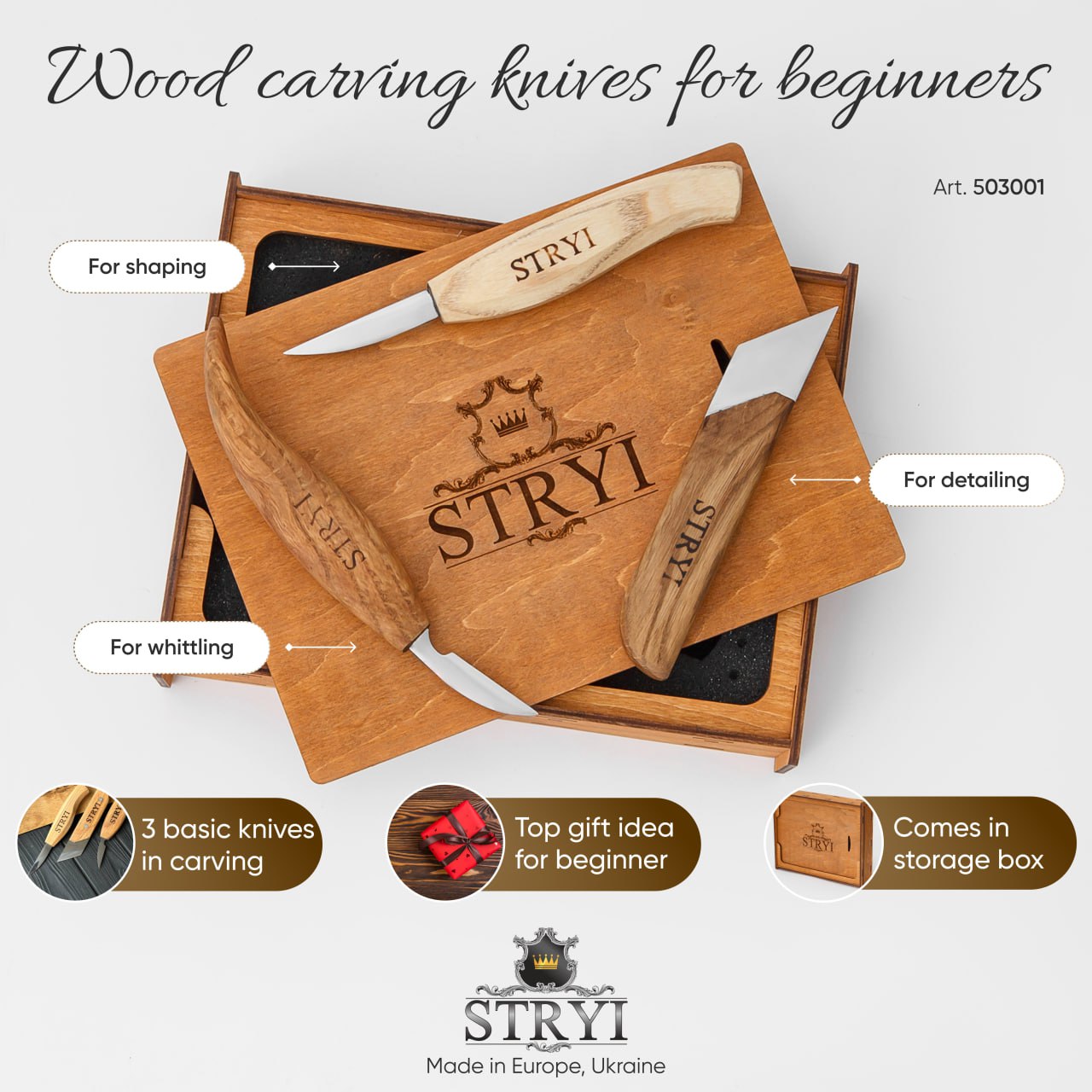 Wood Carving Knives set of 3pcs STRYI Profi in Storage Wooden Box