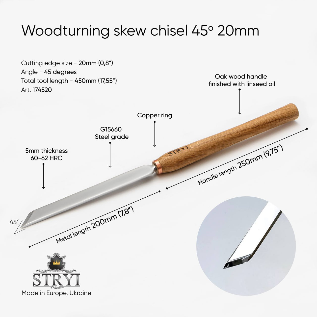Cincel oblicuo STRYI Profi 45 grados, 20mm, herramienta de trabajo de torno, herramientas de torneado de madera