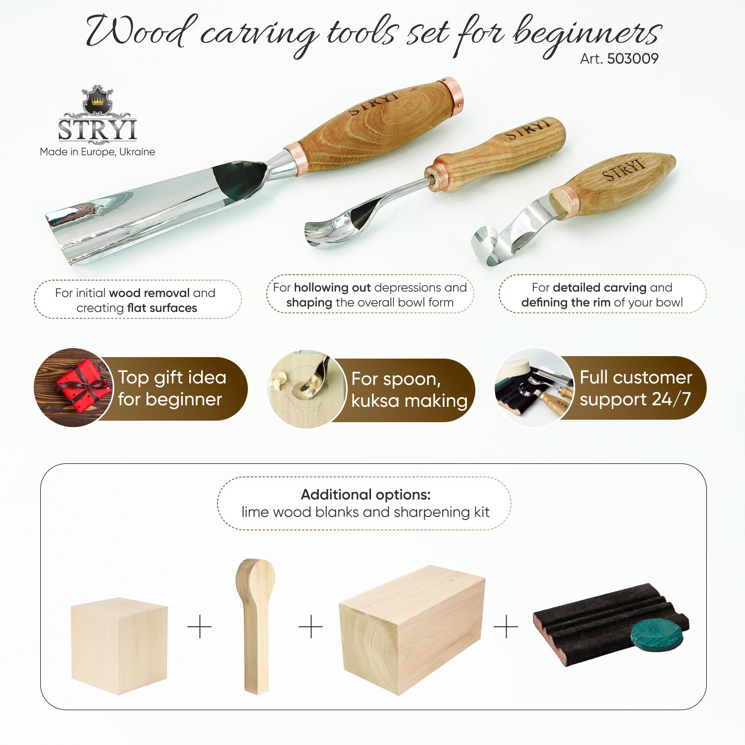 Kuksa, Spoon and cup Carving tools set 4pcs, STRYI Profi, Bowl gouge, Kuksa carving, Spoon making