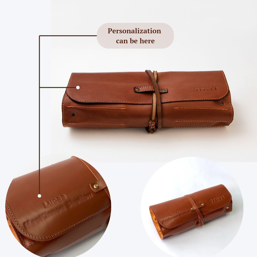 Chip carving kit for modern chip carving in a genuine leather roll-case, Basic carving set