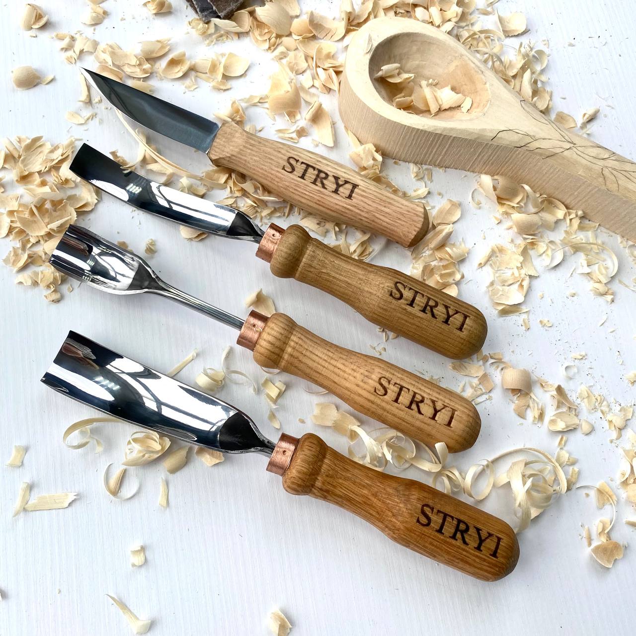 Spoon Wood carving set 4 pcs STRYI Profi, Carving tools, Hook knife, Spoon making