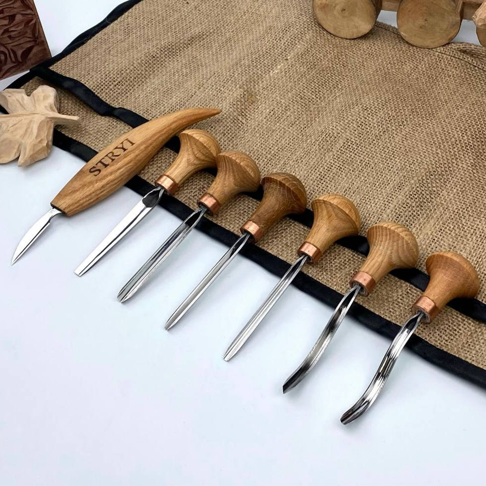 Wood carving tools set of 7 pcs, gravers and burins STRYI Start, Linocutting set, Detailed microcarving