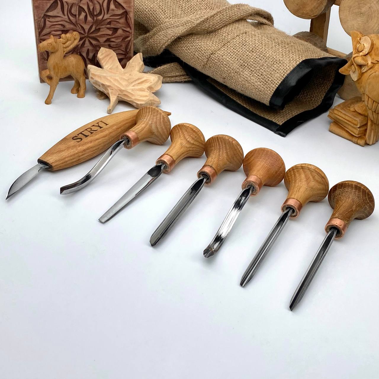 Wood carving tools set of 7 pcs, gravers and burins STRYI Start, Linocutting set, Detailed microcarving
