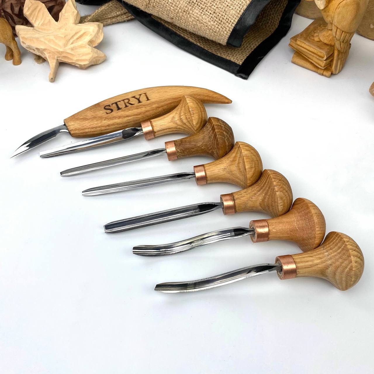 Wood carving tools set of 7 pcs, gravers and burins STRYI Start, Linocutting set, Detailed microcarving