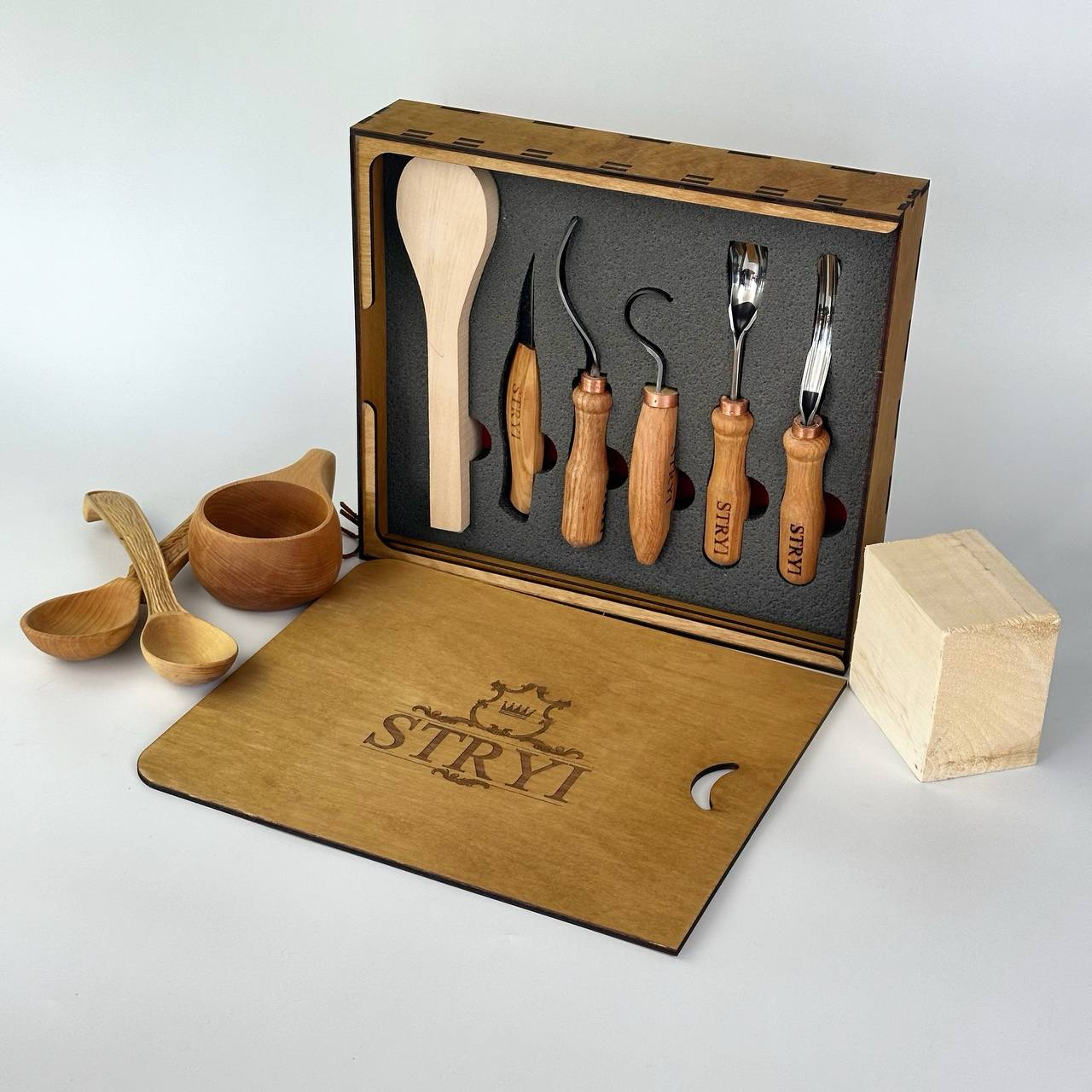 Spoon carving toolset 5pcs STRYI Profi in wooden gift box, Kuksa gouges, Bowl carving, Gift ready