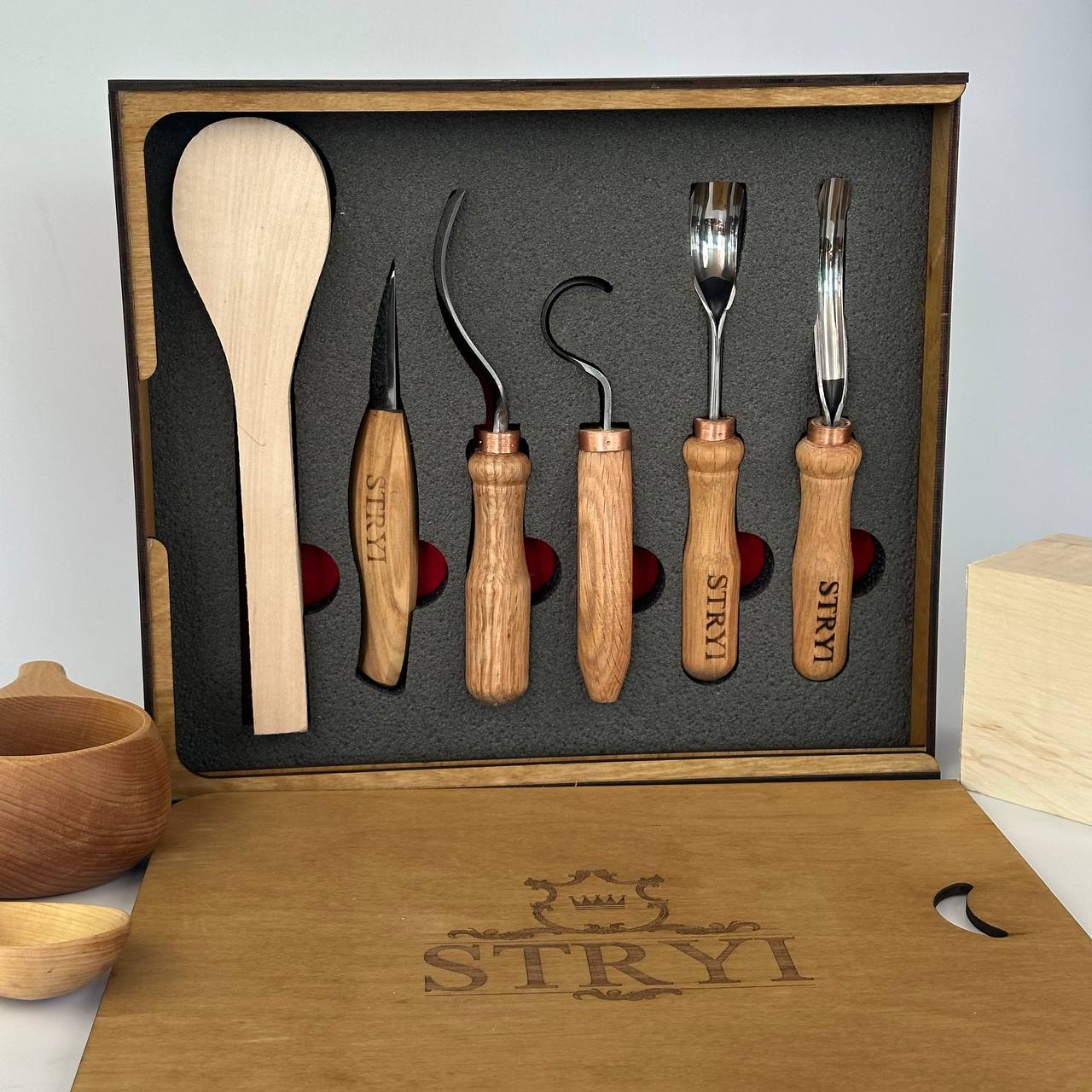 Spoon carving toolset 5pcs STRYI Profi in wooden gift box, Kuksa gouges, Bowl carving, Gift ready