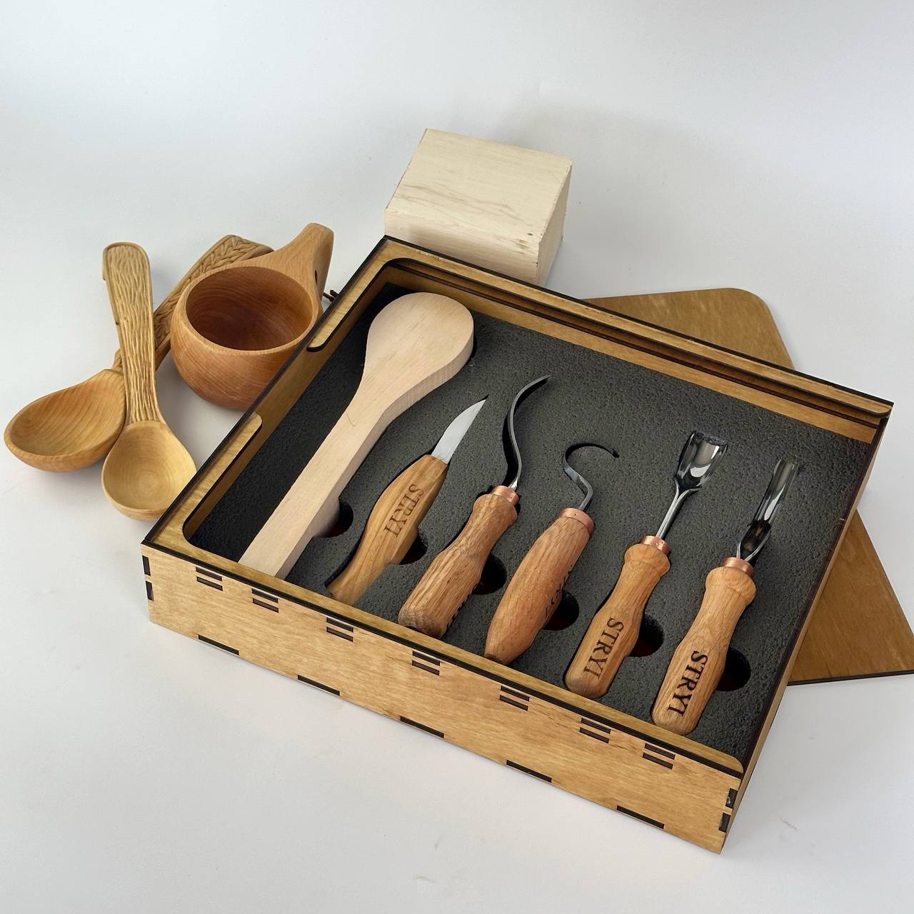 Spoon carving toolset 5pcs STRYI Profi in wooden gift box, Kuksa gouges, Bowl carving, Gift ready